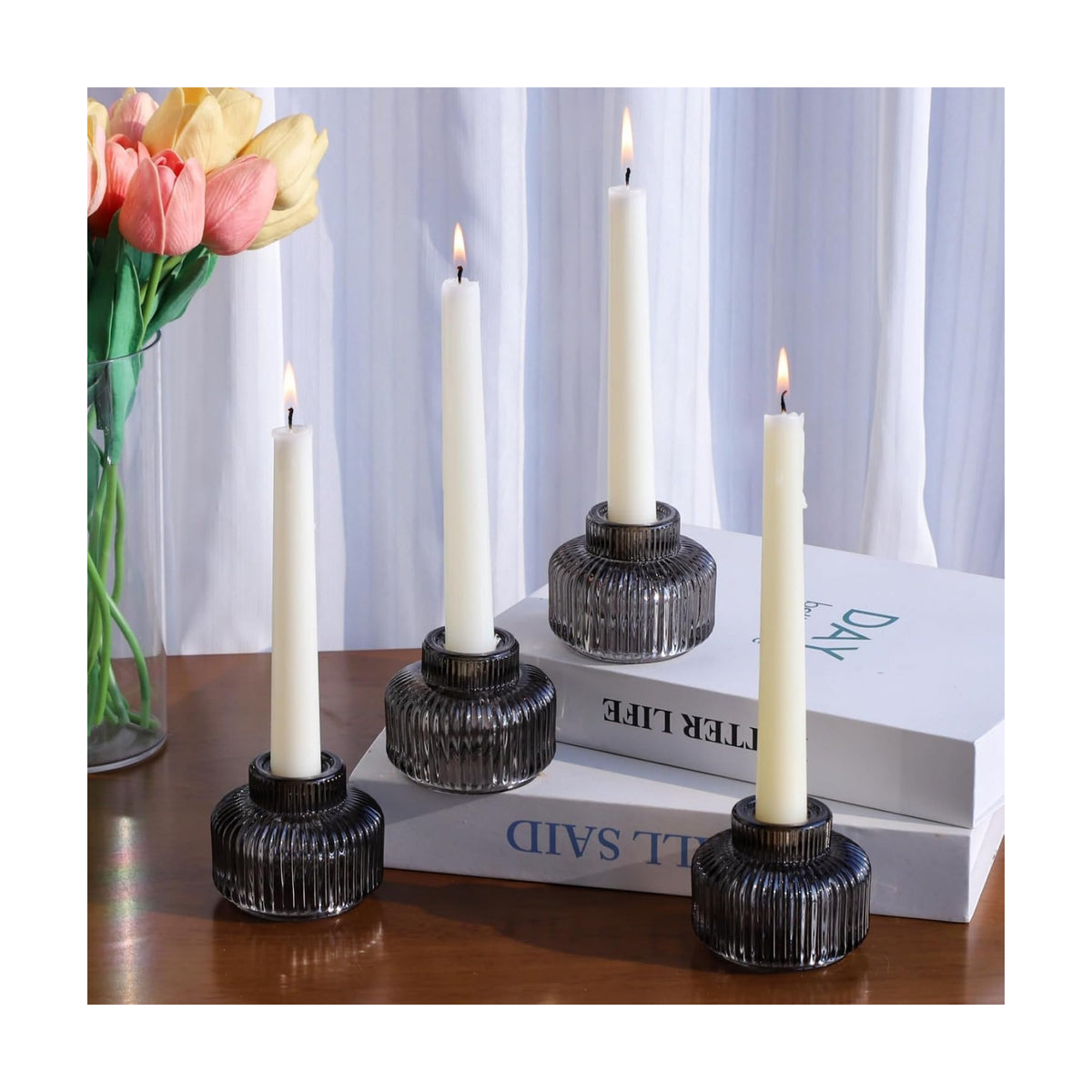 Woho Smoky Grey Candlestick Holders Set of 4 for Halloween/Daily Home Decor
