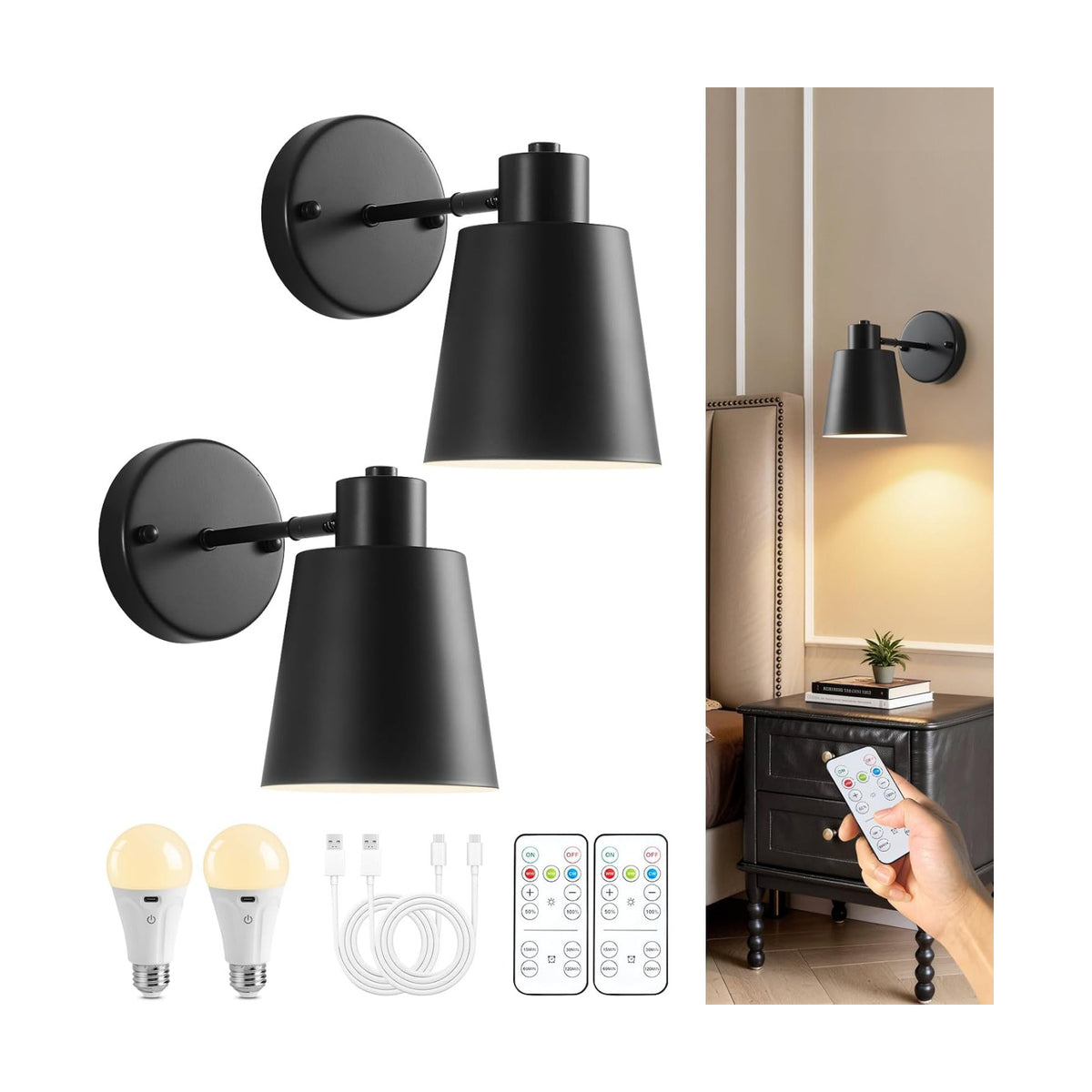 Black Battery Operated Wall Sconces Set of Two with Remote, Rechargeable Battery Powered Wall Lights, 3 Color
