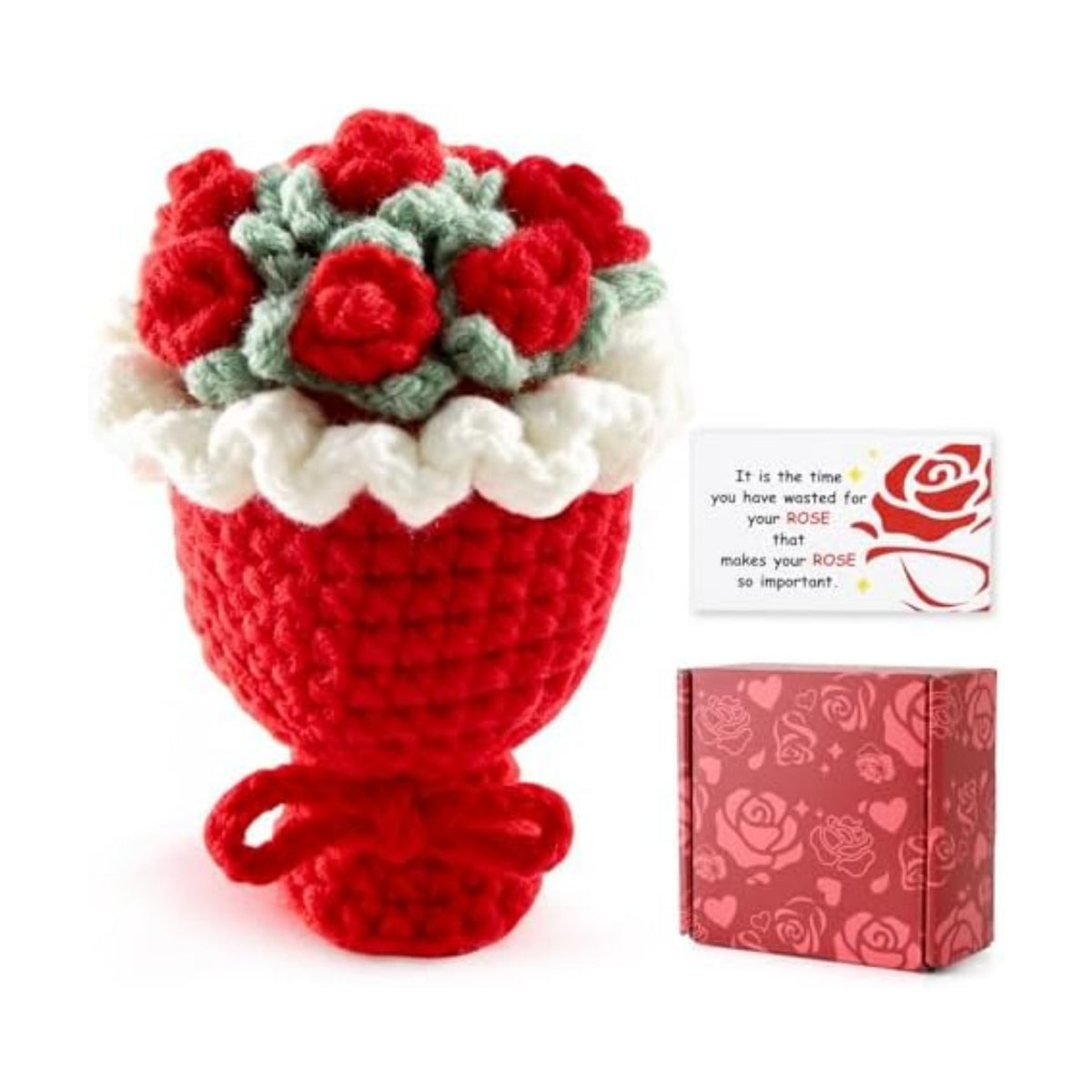 Crochet Rose Bouquet, Romantic Handmade Emotional Support Gifts with Card & Box for Couple Girlfriend Kid Friends Mom, Inspirational Crochet Flower Perfect for Mother's Day Graduation Gifts