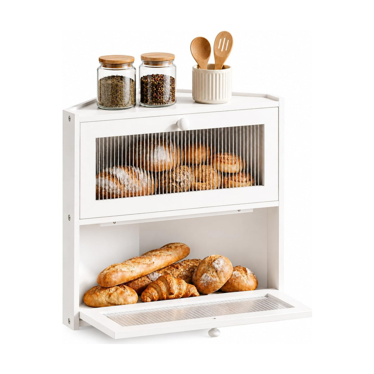BAMBANG Corner Bread Box for Kitchen Countertop, Double Layer Bamboo Bread Storage Container with Wavy Windows