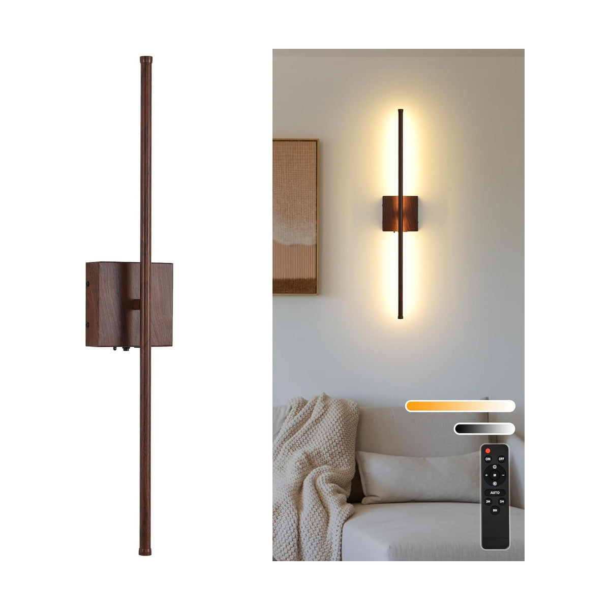 Rechargeable Battery Operated Wall Sconces, 11000mAh Faux Walnut Finish Wall Lights with Remote Control, 350°Rotate