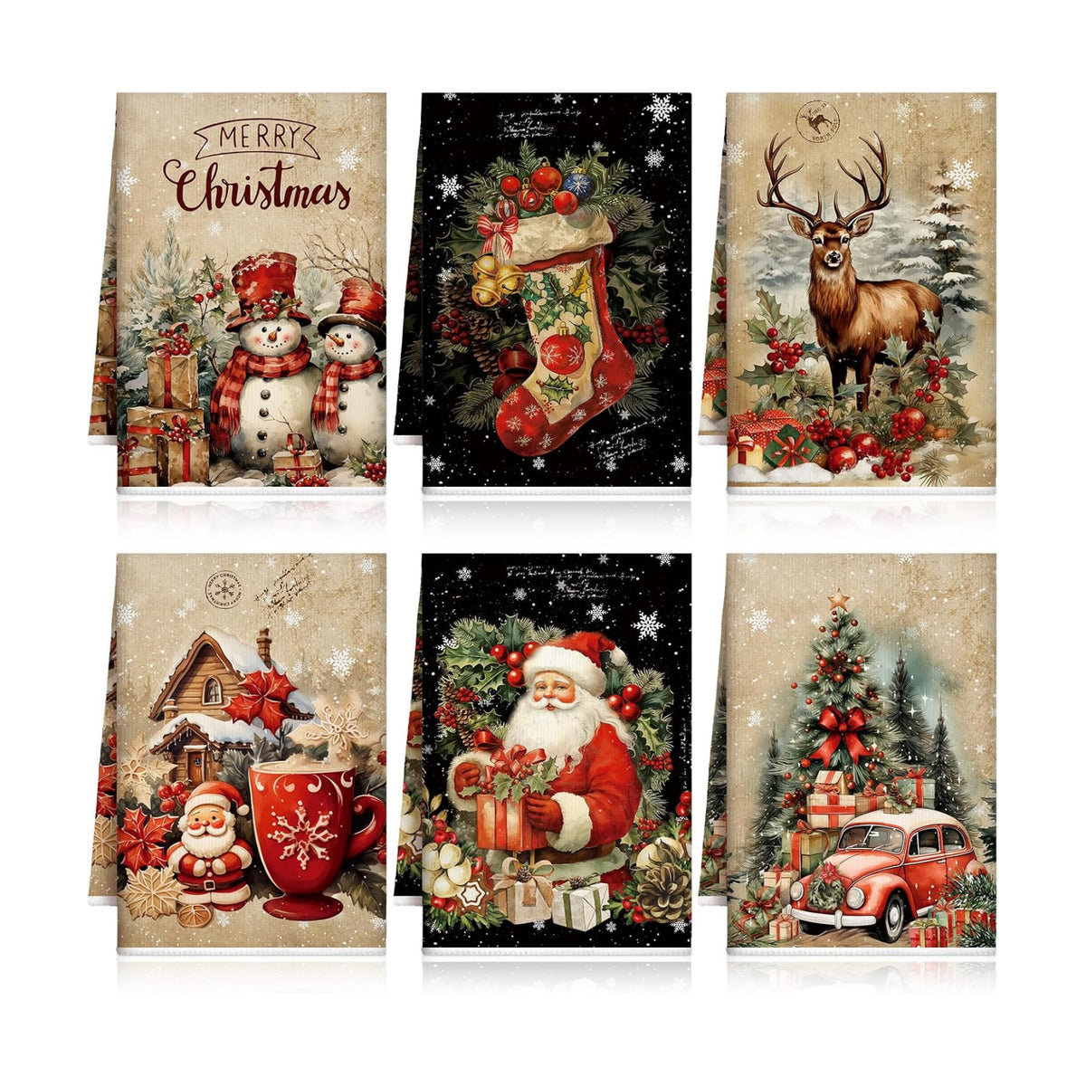 Bencailor 6 Pcs Christmas Kitchen Towel, Red, Black, Brown, Retro Santa