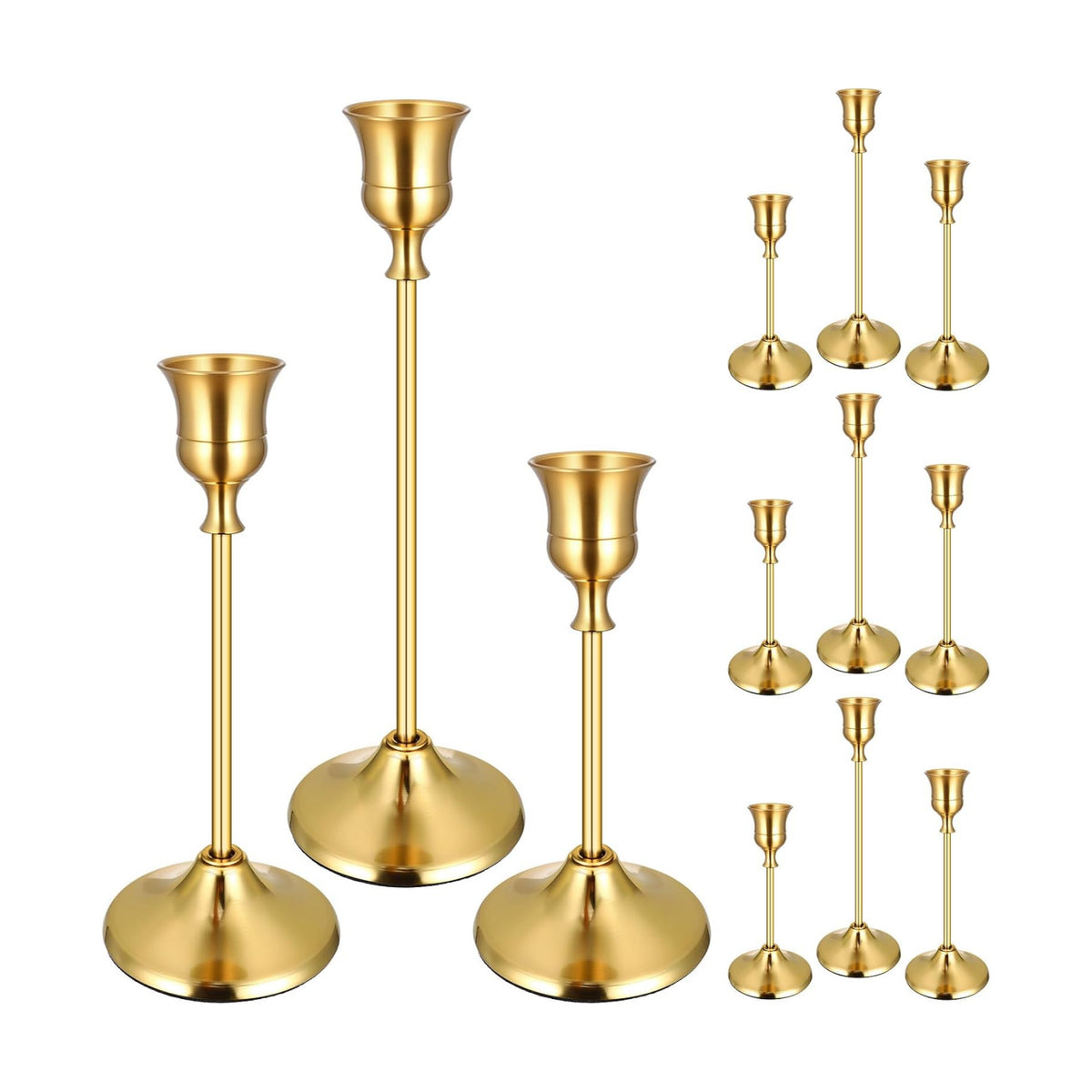 12PCS Brass Gold Taper Candle Holders Set, Metal Candlestick Holders