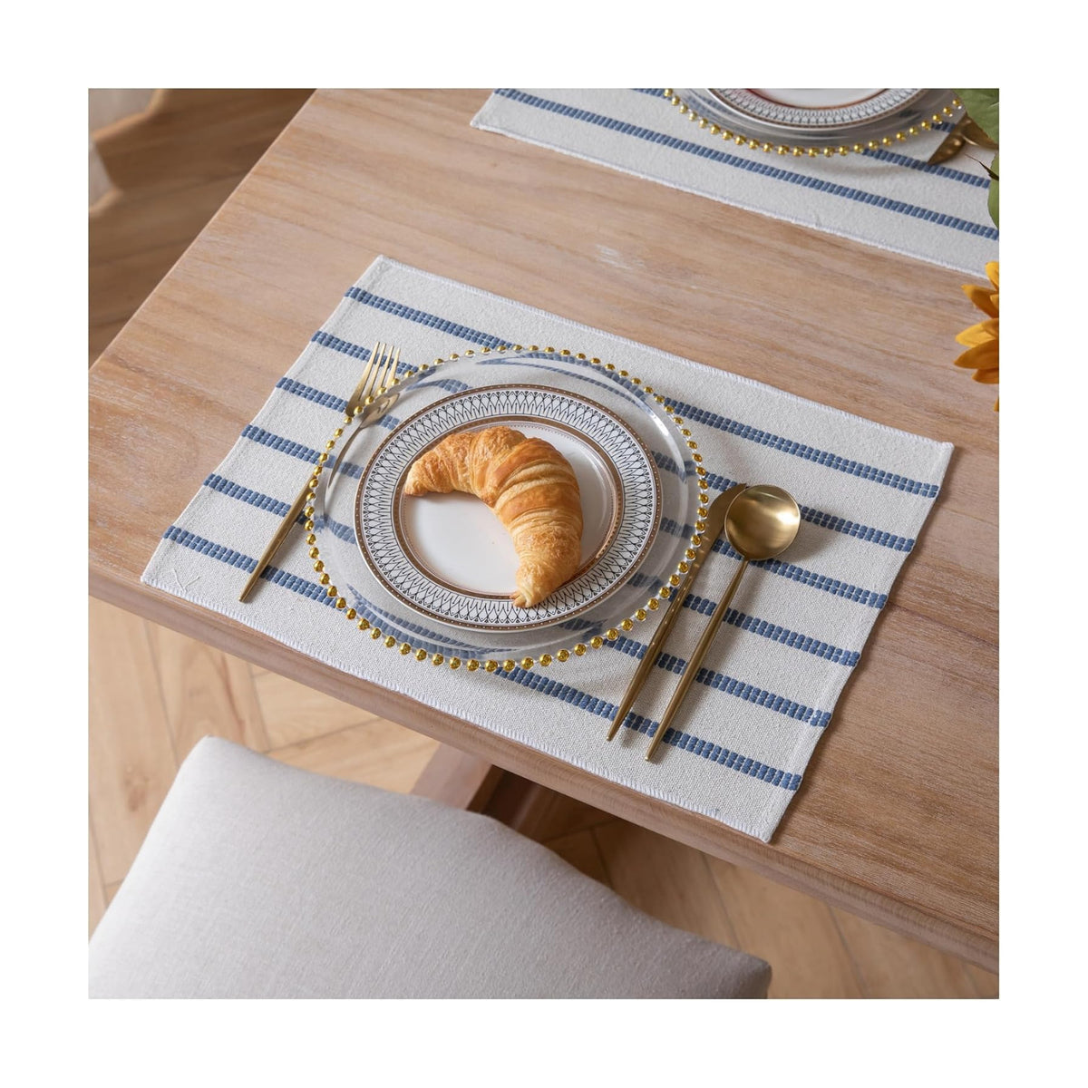 Caflife Boho Farmhouse Placemats Set of 6, Blue Stripes Cotton Linen Woven Table Mats for Modern Dining Table, 13x19