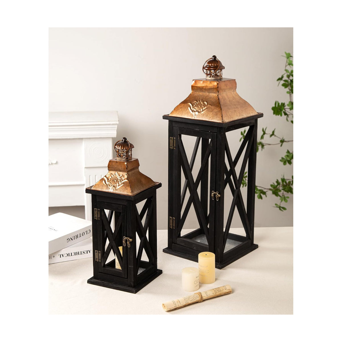 Large Farmhouse Wooden Lanterns with Metal Top, Decorative Floor Lanterns Set of 2, Black Frame with Rustic Gold