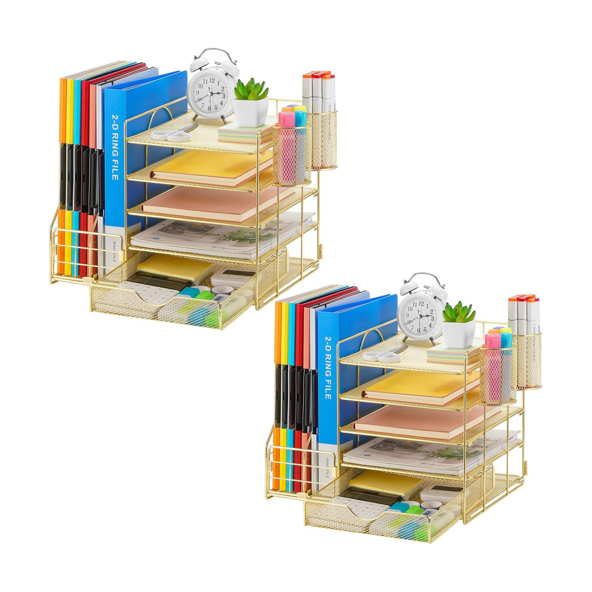 Marbrasse Desk Organizer with File Holder, 5-Tier Paper Letter Tray Organizer with Drawer and 2 Pen Holder, Mesh