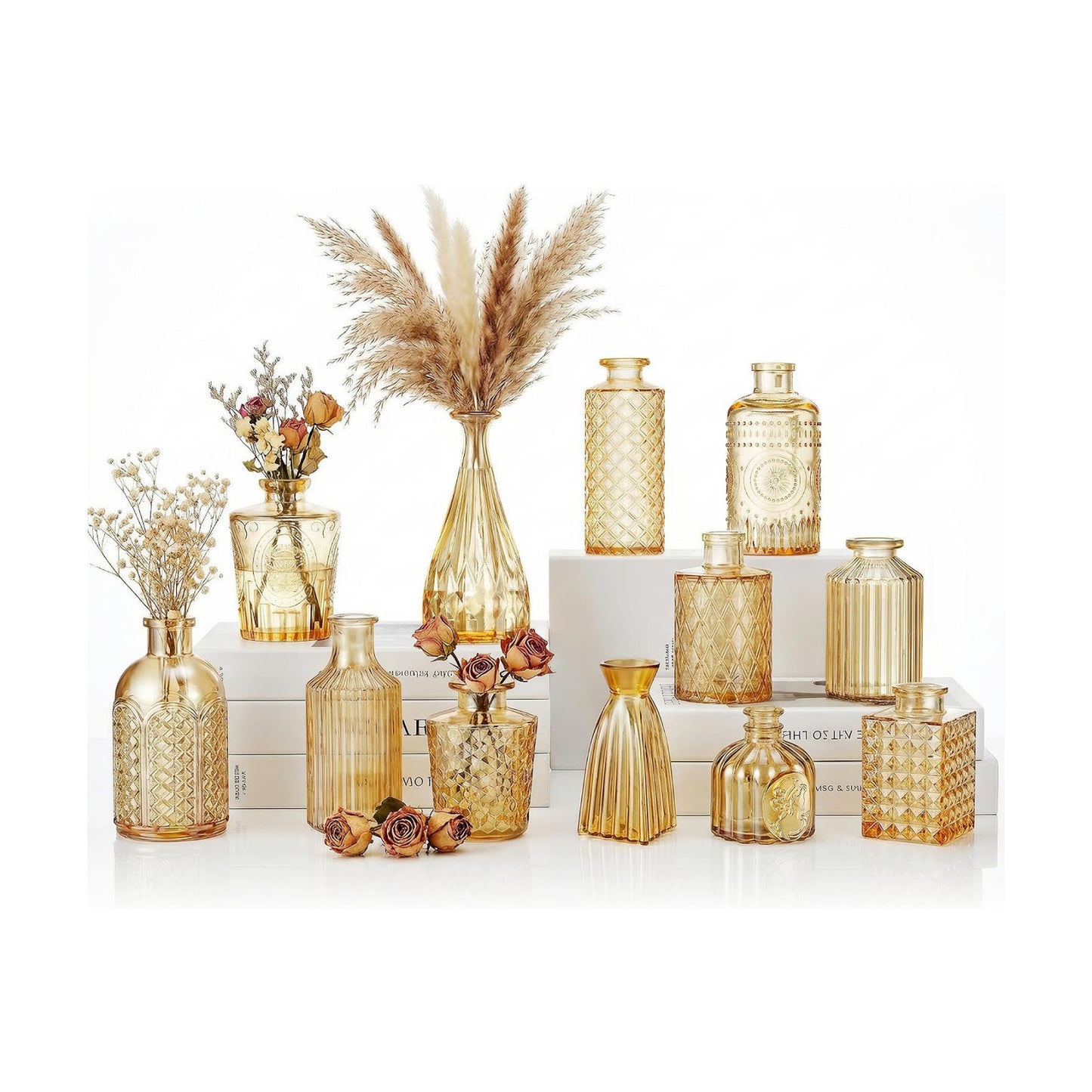 Small Vintage Glass Clear Bud Flower Vases Bulk Multiple Shape Mini Glass Bottles / Gold / Set of 12