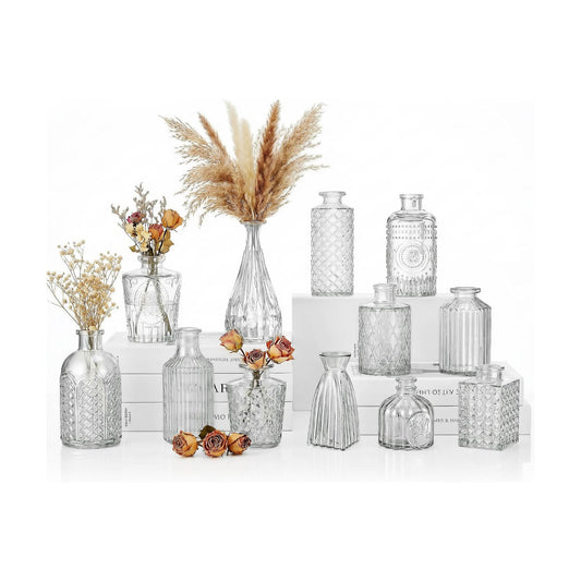 Small Vintage Glass Bud Flower Vases Bulk Multiple Shape Mini Glass Bottles / Clear / Set of 12