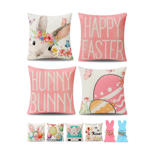 multiwins 8-Sided Easter Pillow Covers Set of 4 with 2 Wooden Bunny Decorations, 20 x 20 Inch Reversible Decor with Bunny, Floral Eggs & “He is Risen” Prints for Indoor/Outdoor, Spring Holiday Decor