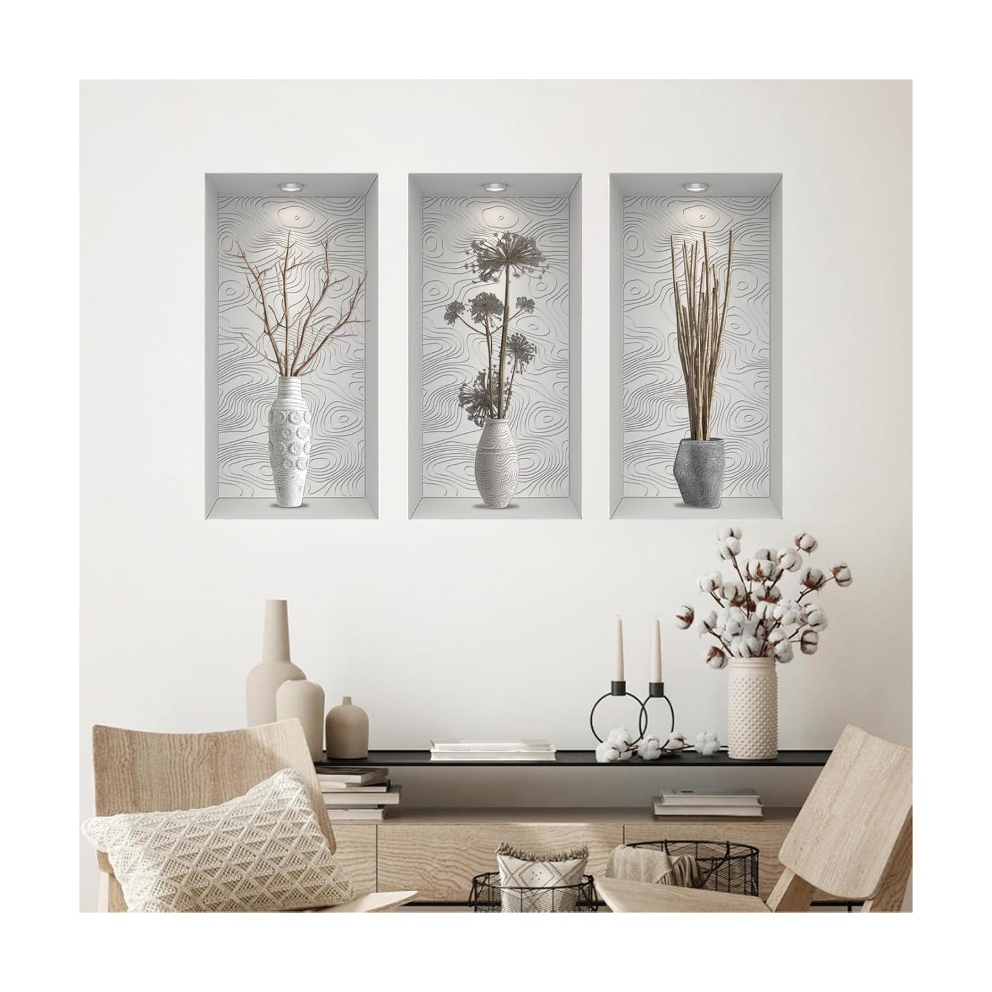 3D Vase Art Wall Stickers Self-Adhesive Potted Wall Decals / Grey Branch