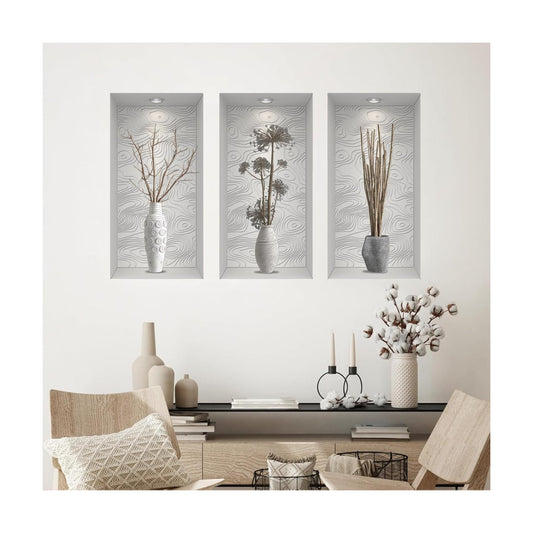 3D Vase Art Wall Stickers Self-Adhesive Potted Wall Decals / Grey Branch