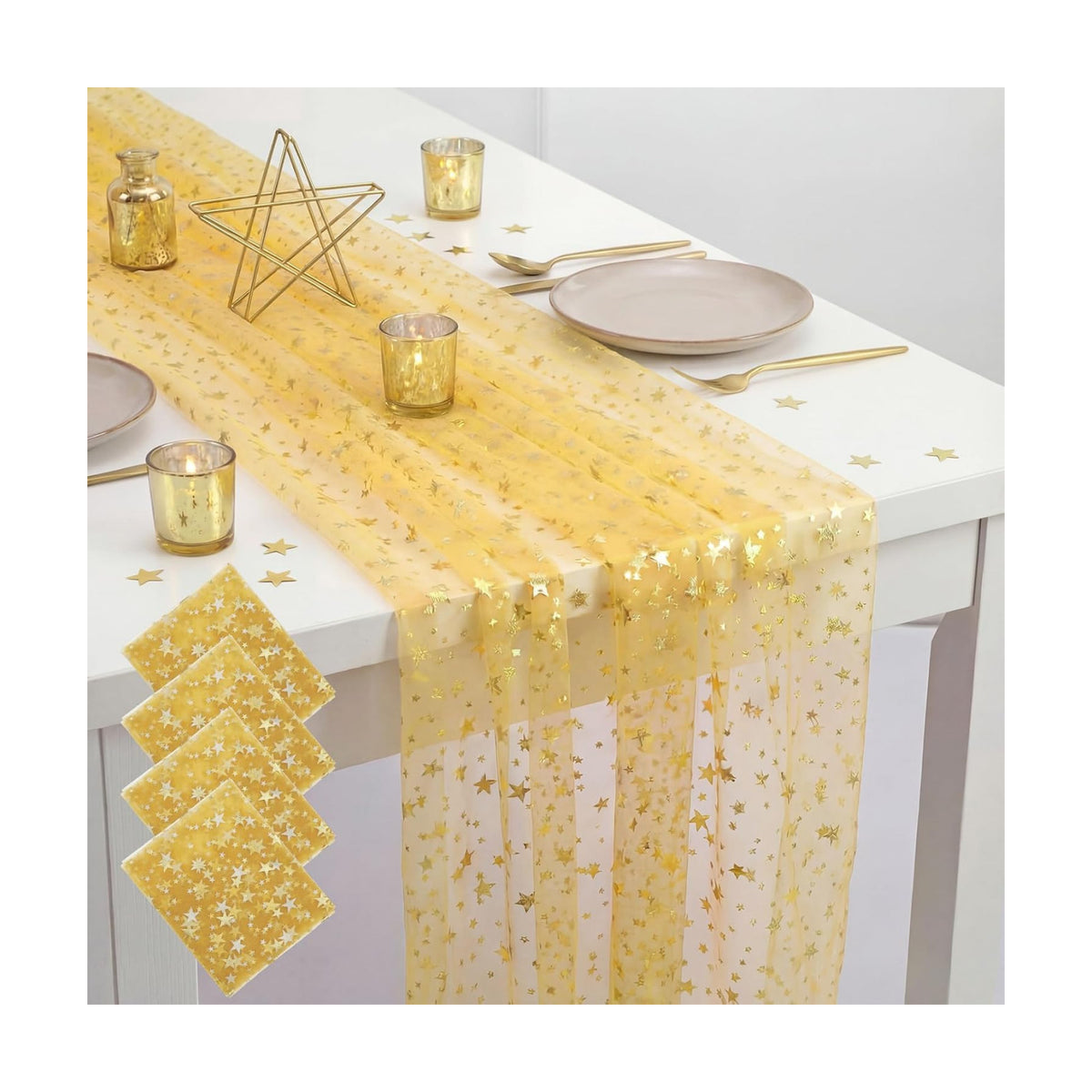 4 Pcs Gold Star Table Runner Sequin Tulle for Wedding Party