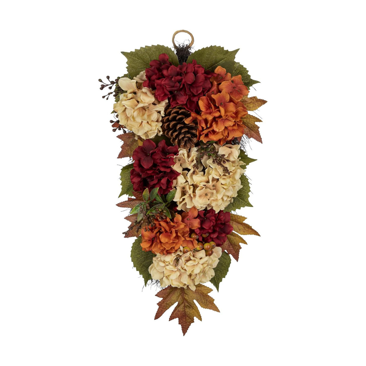 23" Fall Teardrop Swag Small Fall Hydrangea Wreath for Front Door Outside
