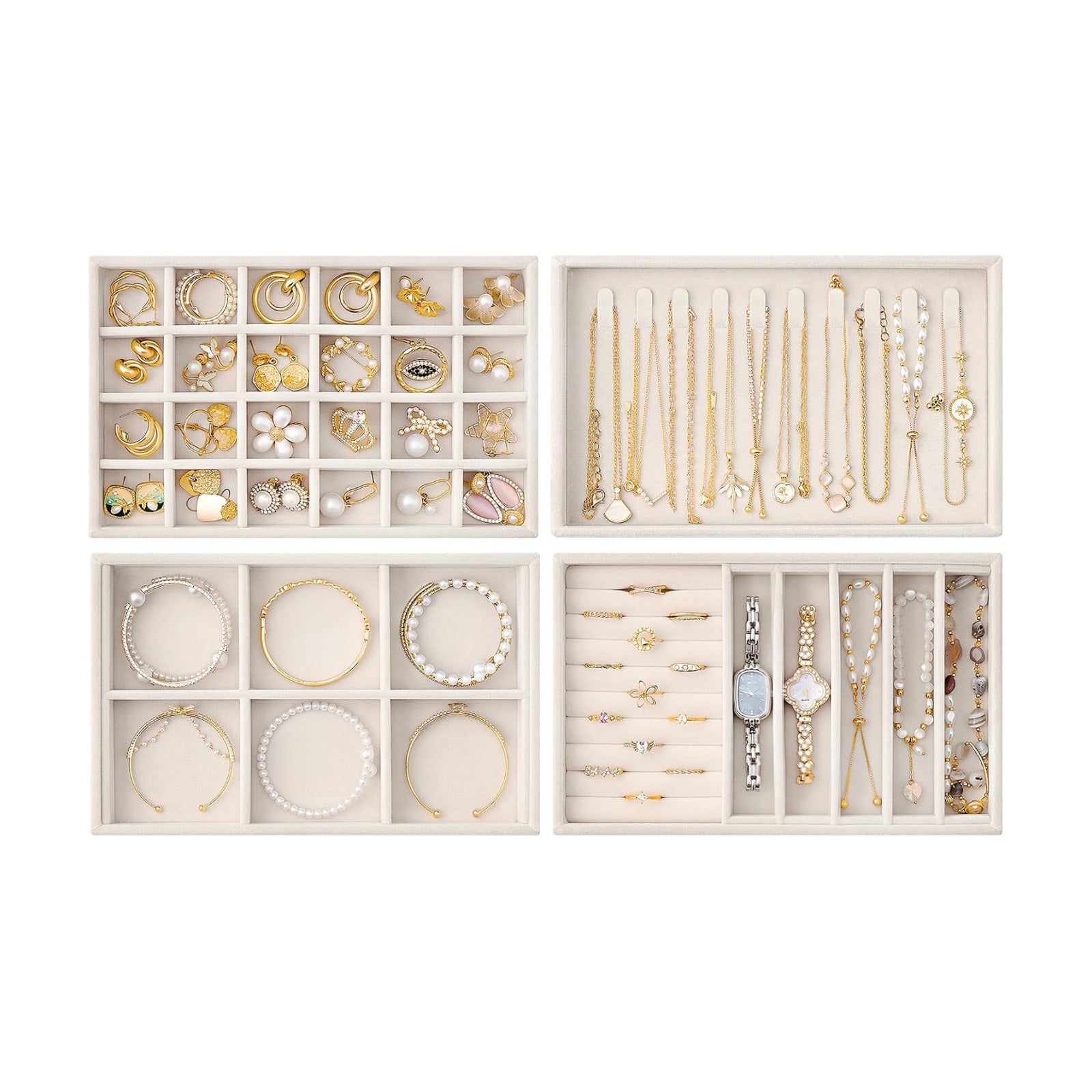 Stackable Velvet Tray Jewelry Storage Organizers Set Display Cases / Beige / A5 Size, 4 Packs