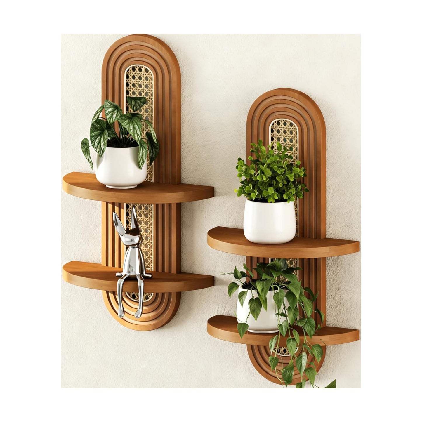 Floating Shelves / 2-Tier Rattan Plant Shelf / Walnut-2packs