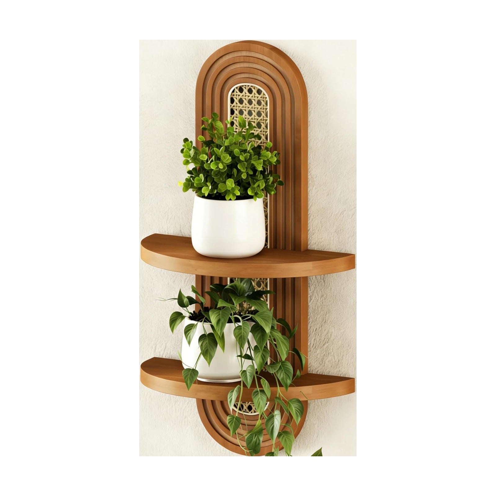 Floating Shelves / 2-Tier Rattan Plant Shelf / Walnut