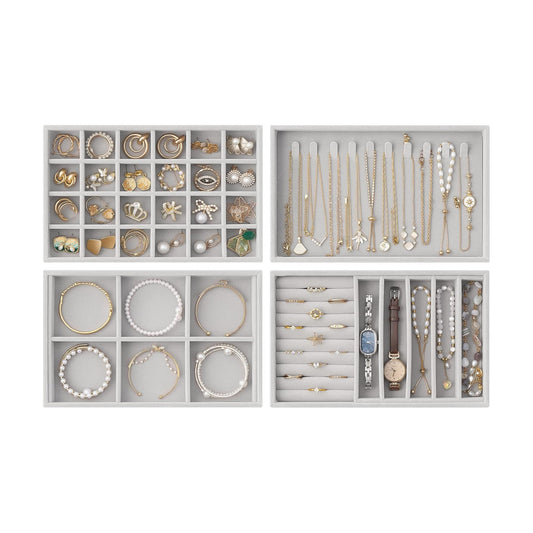 Stackable Velvet Tray Jewelry Storage Organizers Set Display Cases / Grey / A5 Size, 4 Packs