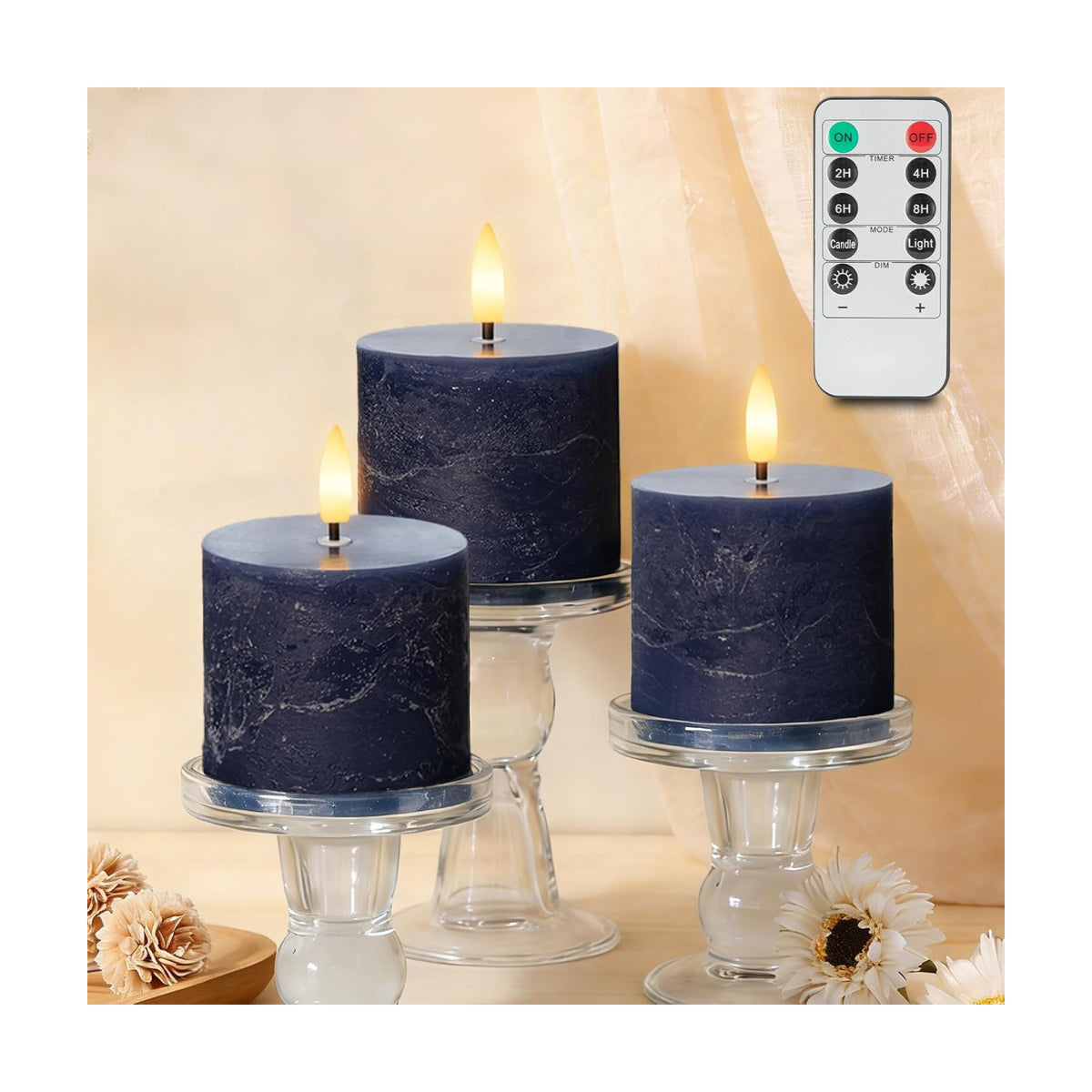 Navy Blue Flameless Candles with Remote and Timer, Fake Candles Set of 3 | 3 x 3 Inch Battery Operated Pillar Candles