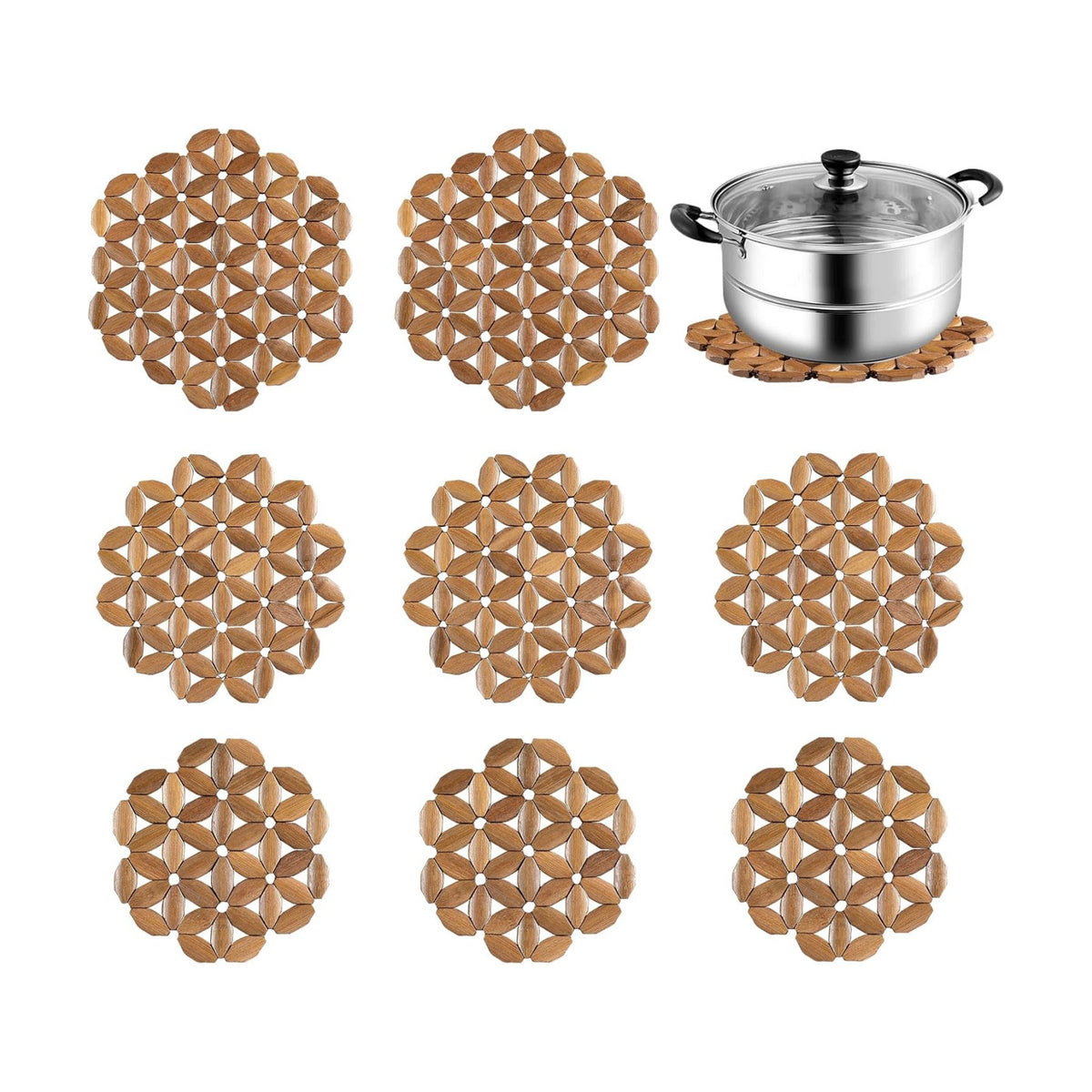 9 Pack Bamboo Trivet Mat for Hot Dishes, 6.5/8.3/10 Inch Heat Resistant Hot Pads Trivets, Hot Pad to Protect Your Table