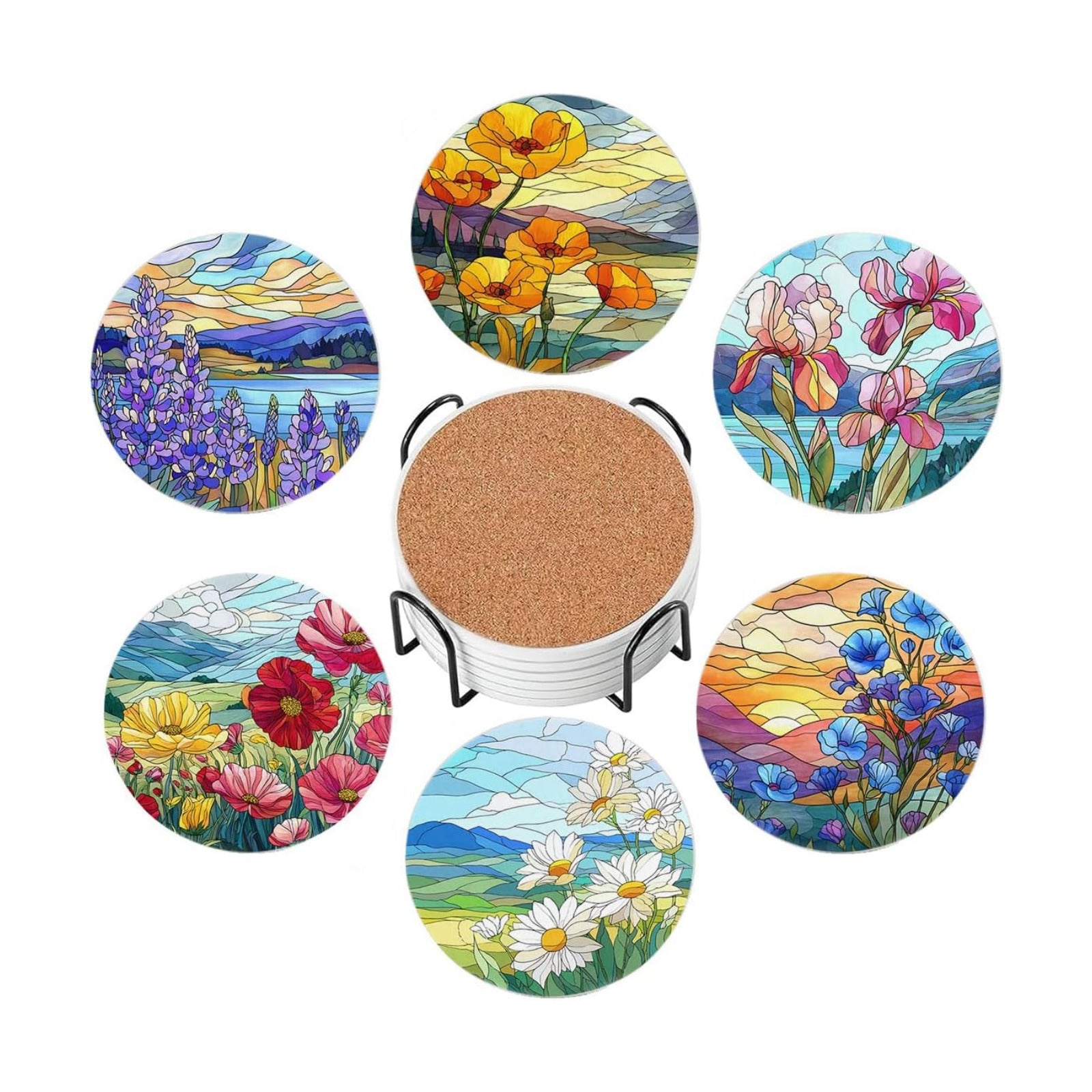 Holder / Drink Absorbent Coasters / Stained Glass Flowers / Round / Set of 6