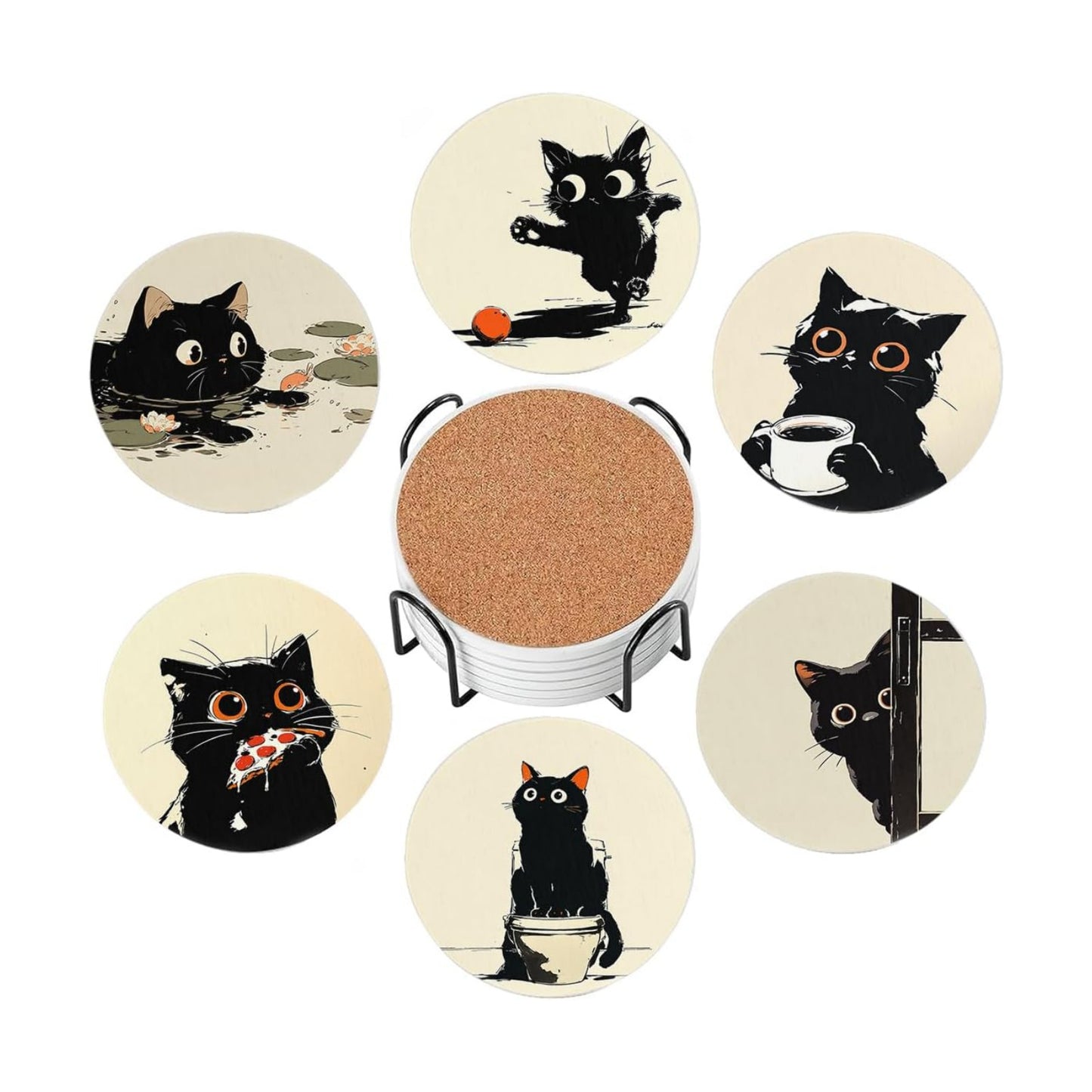 Holder / Coaster for Drinks / Cute Black Cat Design / Round / Set of 6
