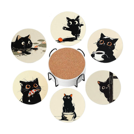 Holder / Coaster for Drinks / Cute Black Cat Design / Round / Set of 6