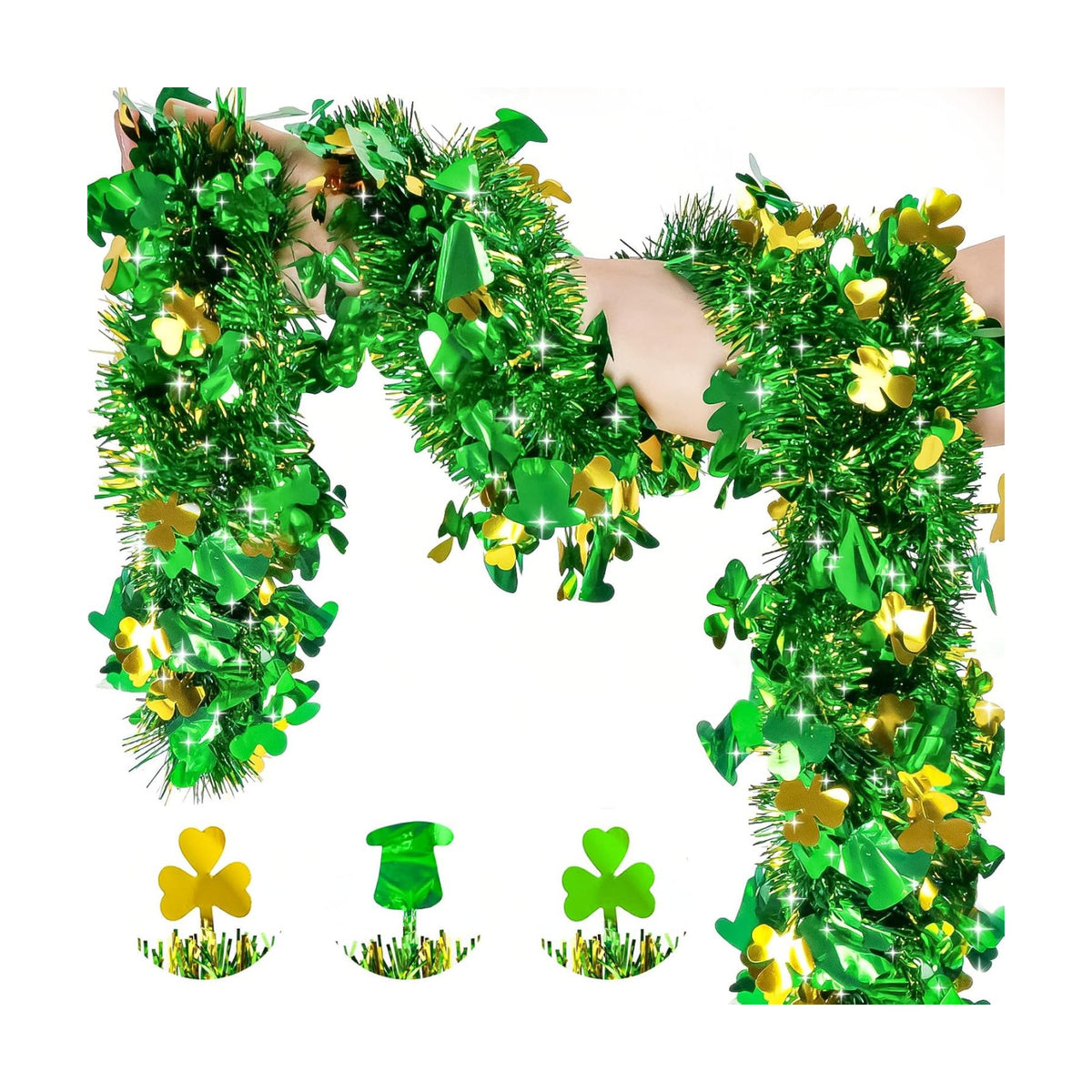 St Patrick's Day Tinsel Garland 33FT Gold Green Shamrock Hat Tinsel Garland Shiny Clover Metallic Hanging Decoration Irish Shamrock Garlands for Home Indoor Outdoor St Patrick Irish Home Decor