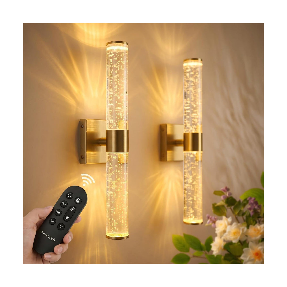 Wall Sconces Set of Two, Wireless & Rechargeable Wall Lights-Gold | 16000mAh Long-Lasting Battery，Screw-Mounted, 30ft