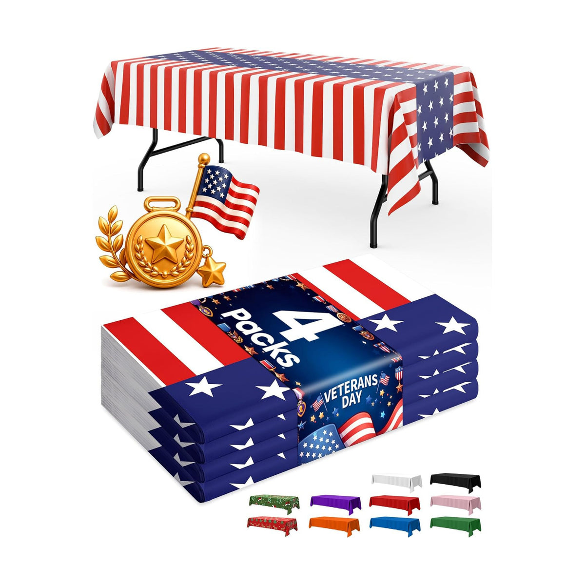 Niuara American Flag Plastic Table Cloth Disposable, 4 Pack, 54 x 108 in