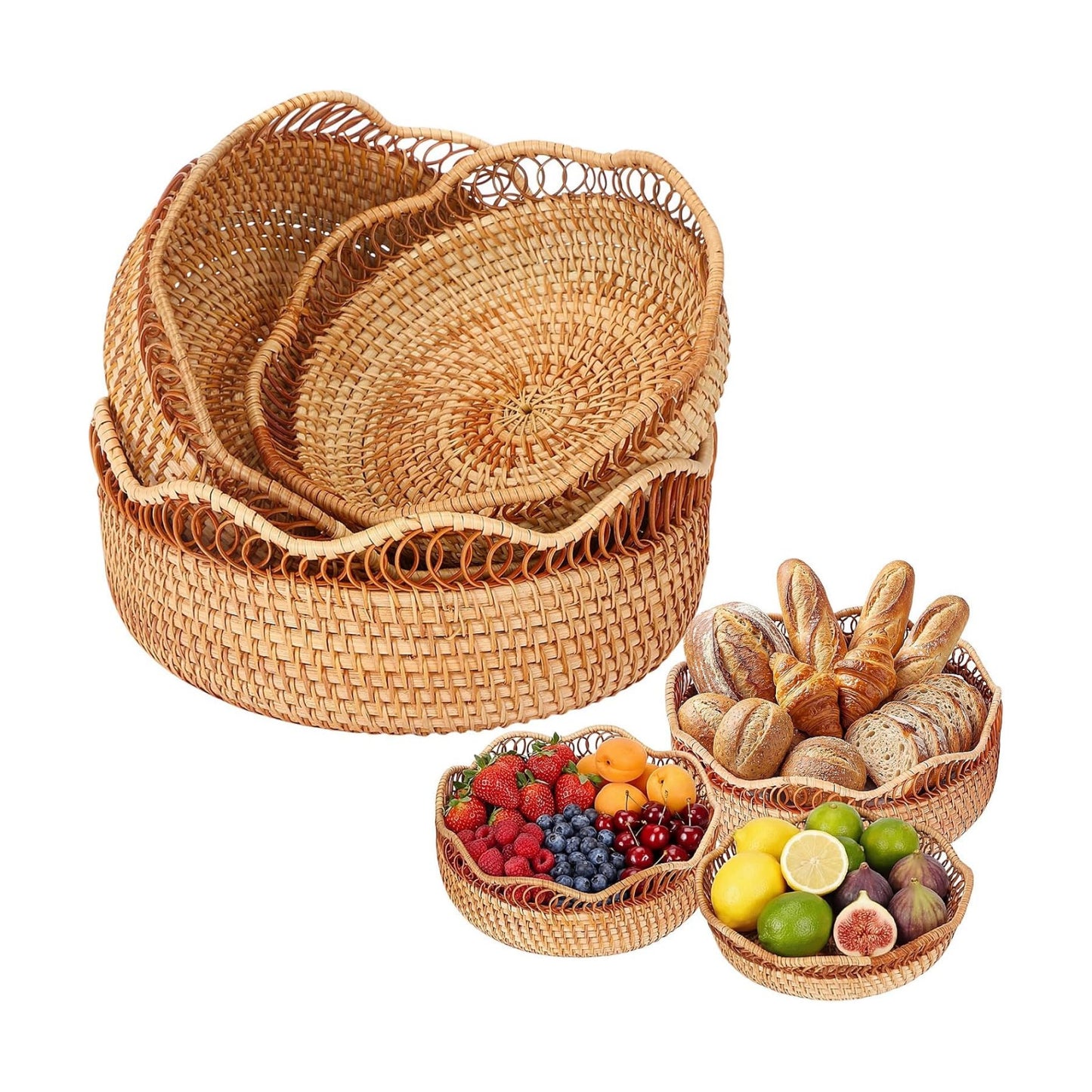 Rattan Bread Basket for Serving Wicker Bread Basket Woven Round Fruit Serving / Natural / Set of 3
