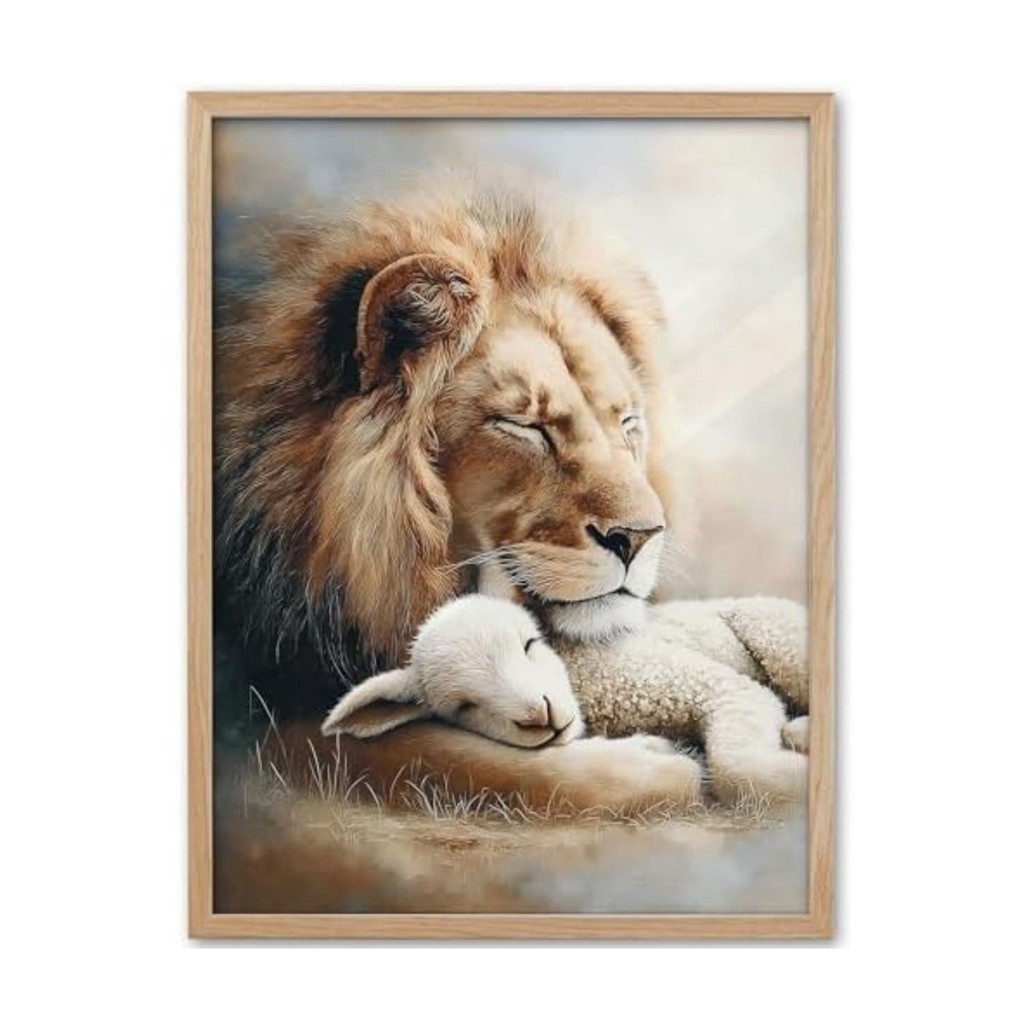 KensTro 12x16 Oak Framed Lion and Lamb Christian Wall Art