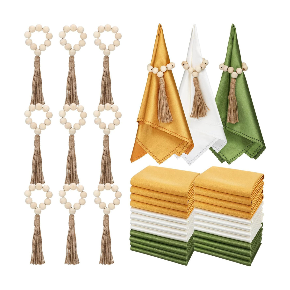 LemonRoad 36 Pcs Napkin Rings Set 12 Wood Bead Napkin Rings, 24 Cloth Napkins Boho Farmhouse Table Decorations Dinnerware Sets, Banquet, Wedding, Holiday Dinner Party