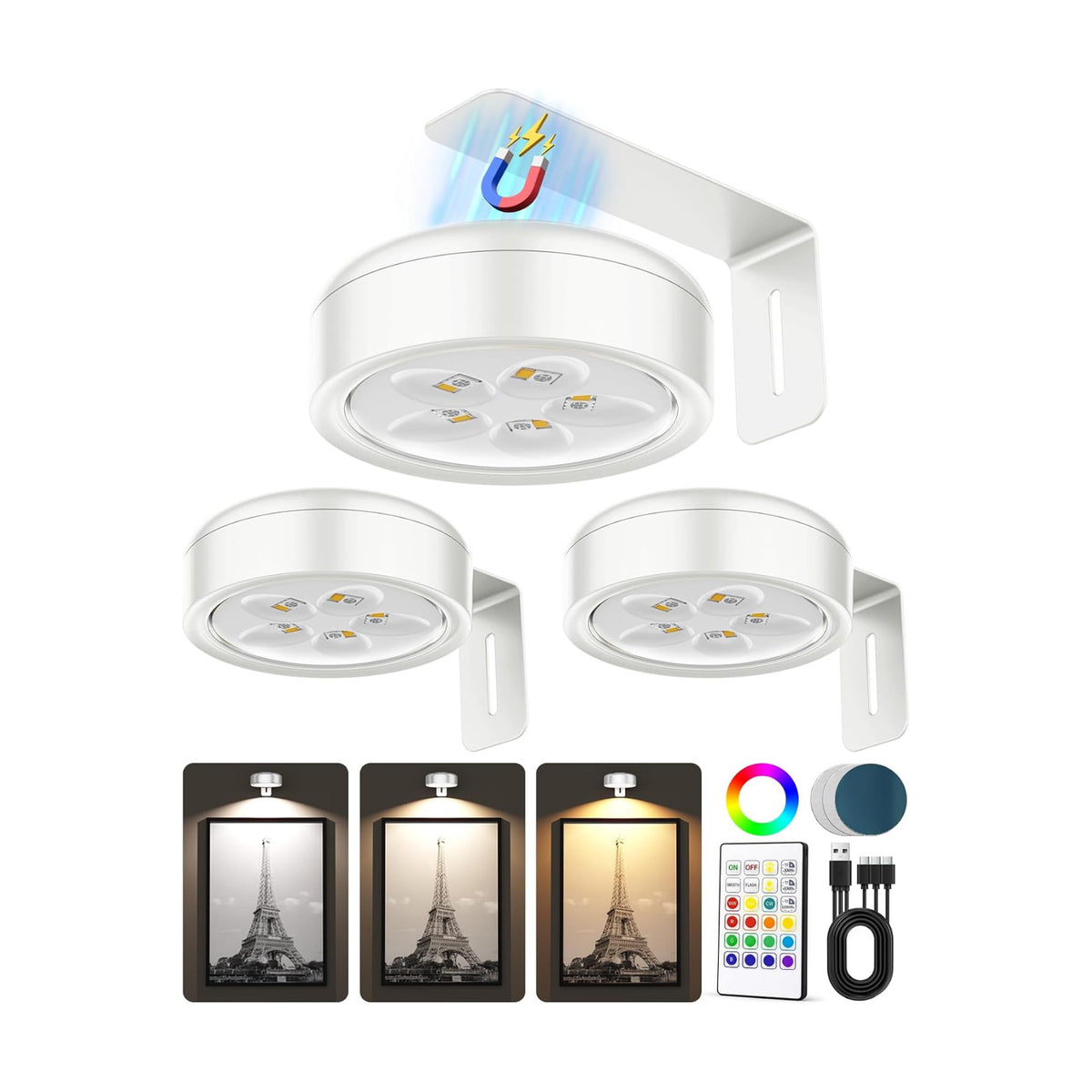 Picture Lights for Wall,Wireless 2000mAh Rechargeable Magnetic LED Puck Lights with Remote,3 Color Temps and 12