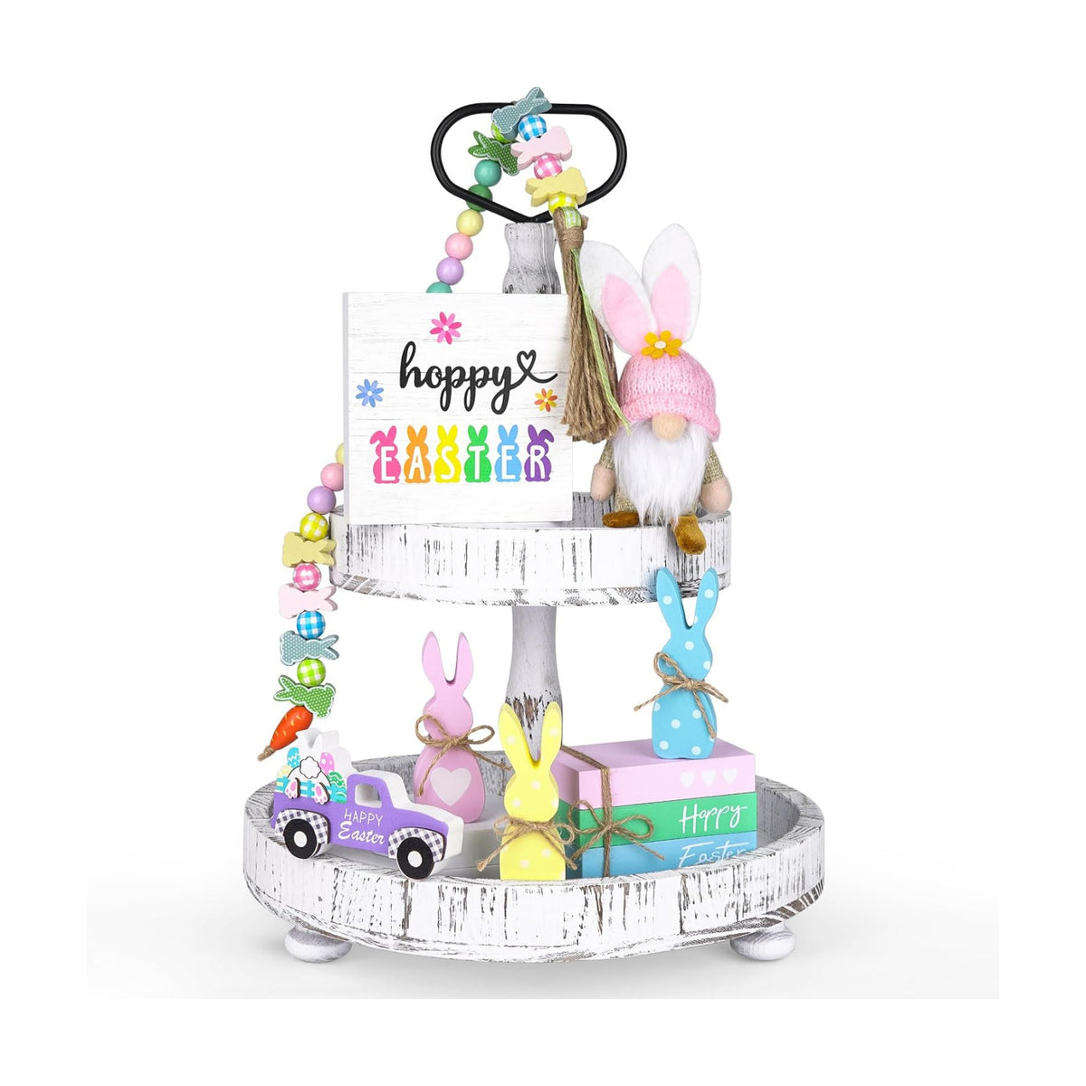 8PCS Easter Tiered Tray Decor, Spring Home Decor Set for Table,Wood with Bunny, Gnome, Truck, Happy Easter Sign & Accessories, Farmhouse Fireplace Mantle Decor, Home Kitchen Decorations Easter Gift Idea