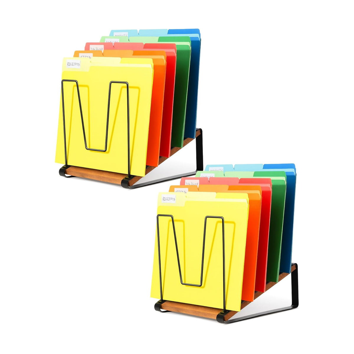 HULISEN 2 Pack Desk File Organizer, 5-Section Desktop File Folder Holder | Visible Tiered Design, Metal Rack with Wood