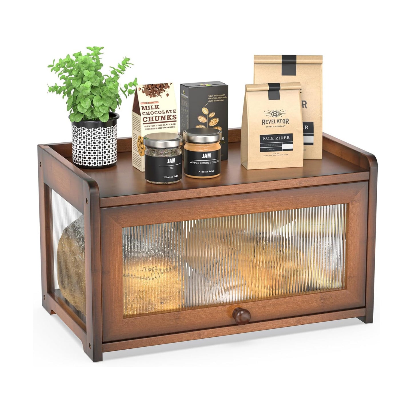 BAMBANG Bamboo Bread Box for Kitchen Countertop, Extra Large Farmhouse Bread Box with 4-Side Clear Panels, Wooden Bread