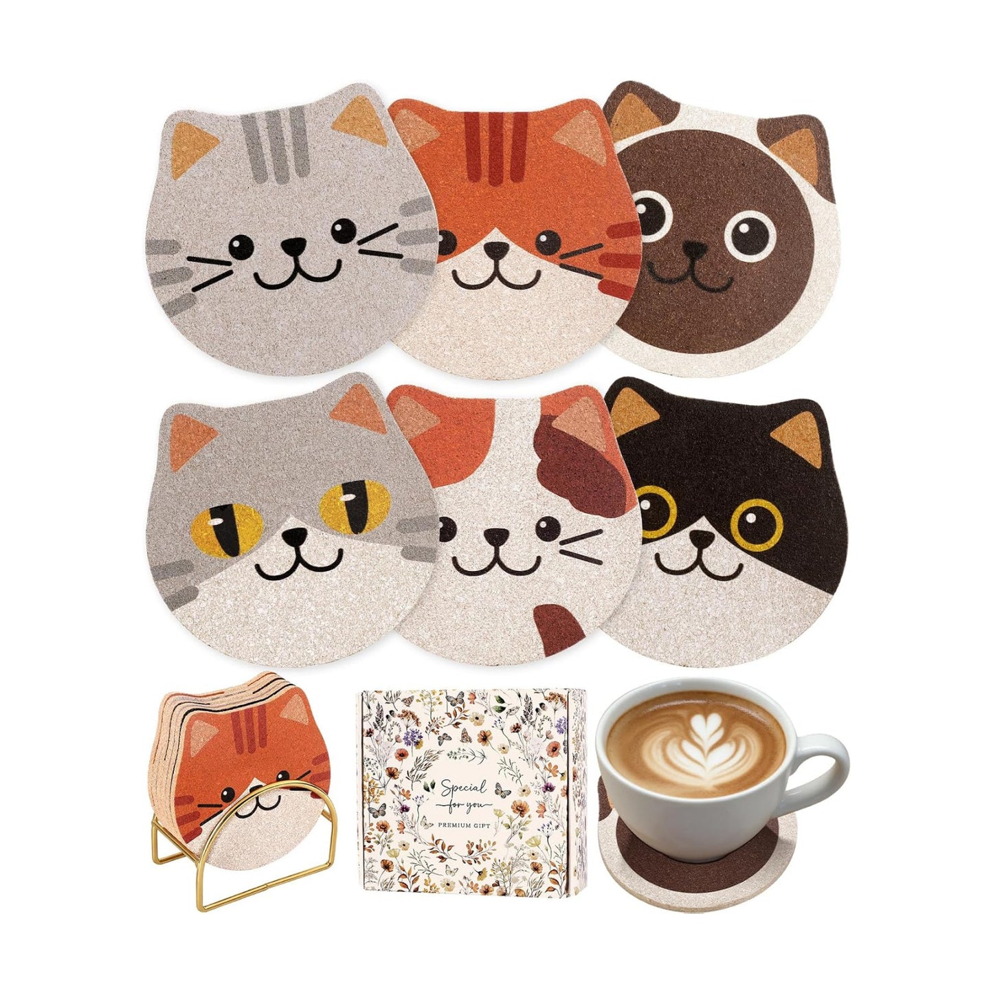 Cat Drink Coasters for Cat Lovers Gifts Desk Coffee Table -Funny Cup Holder / Cork / Set of 6