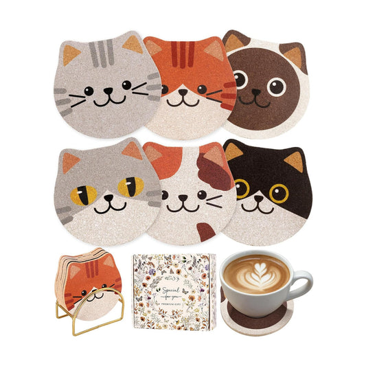 Cat Drink Coasters for Cat Lovers Gifts Desk Coffee Table -Funny Cup Holder / Cork / Set of 6