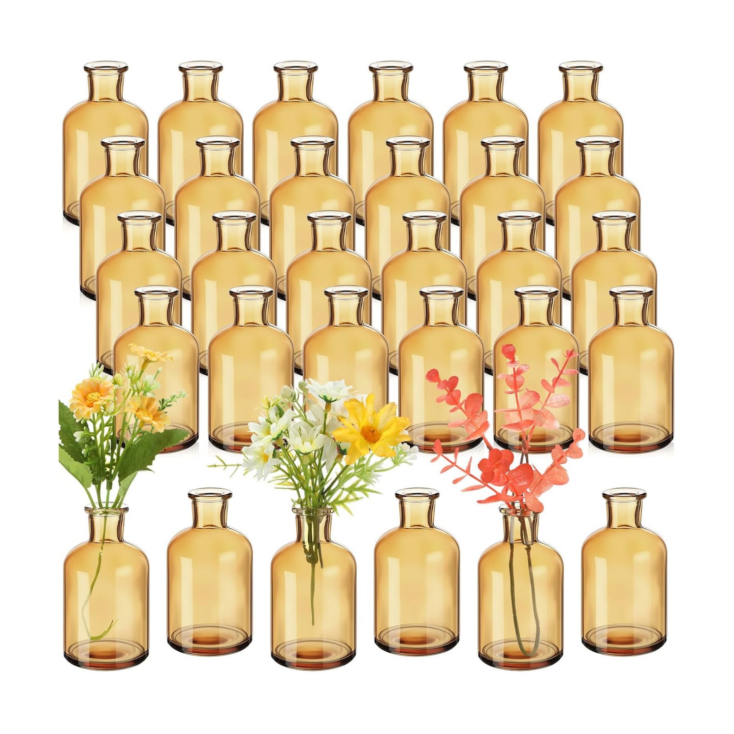 Small Glass Bud Vases Bulk Mini Flower Vases for Centerpieces / 4 Inches / Amber / Set of 15
