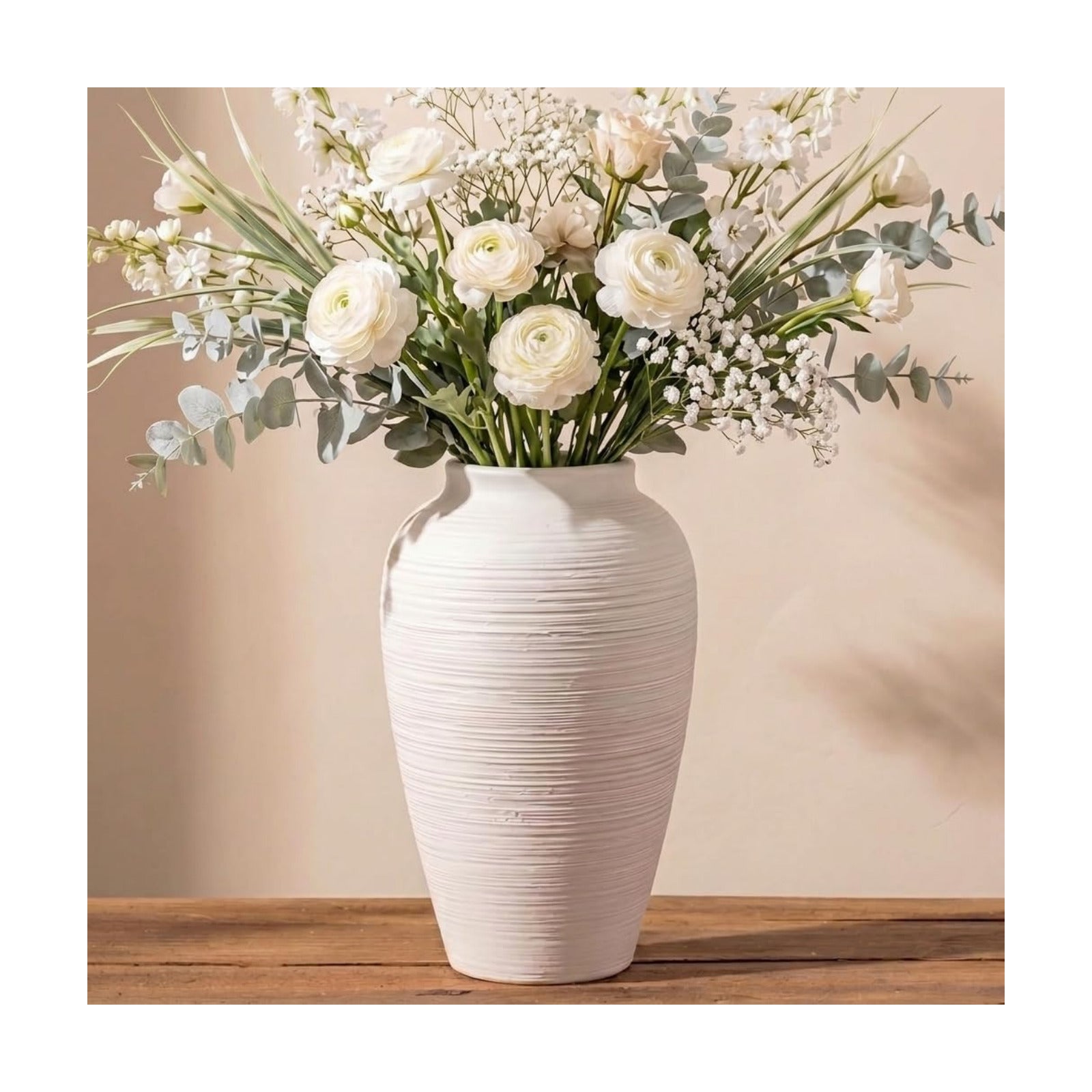 Off-White 10" Ceramic Vase / White Ribbed - 10" Medium