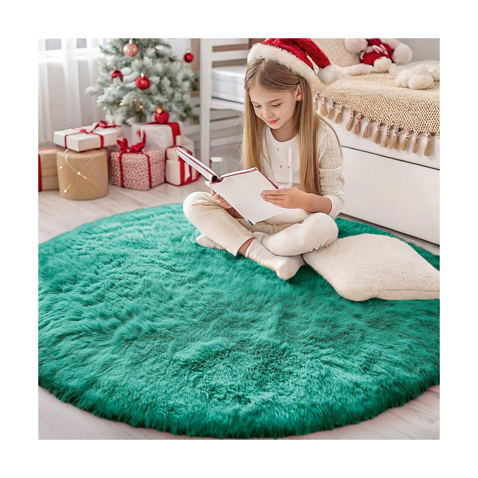 OLANLY Teal Green Round Rugs for Bedroom - Machine Washable, 4 ft Circle Area Rugs for Living Room, Soft and Fluffy