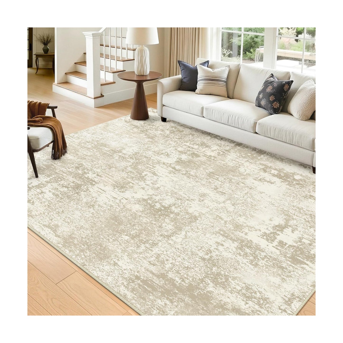 RELEANY Washable 5'x7' Abstract Area Rug for Living Room Cream Beige