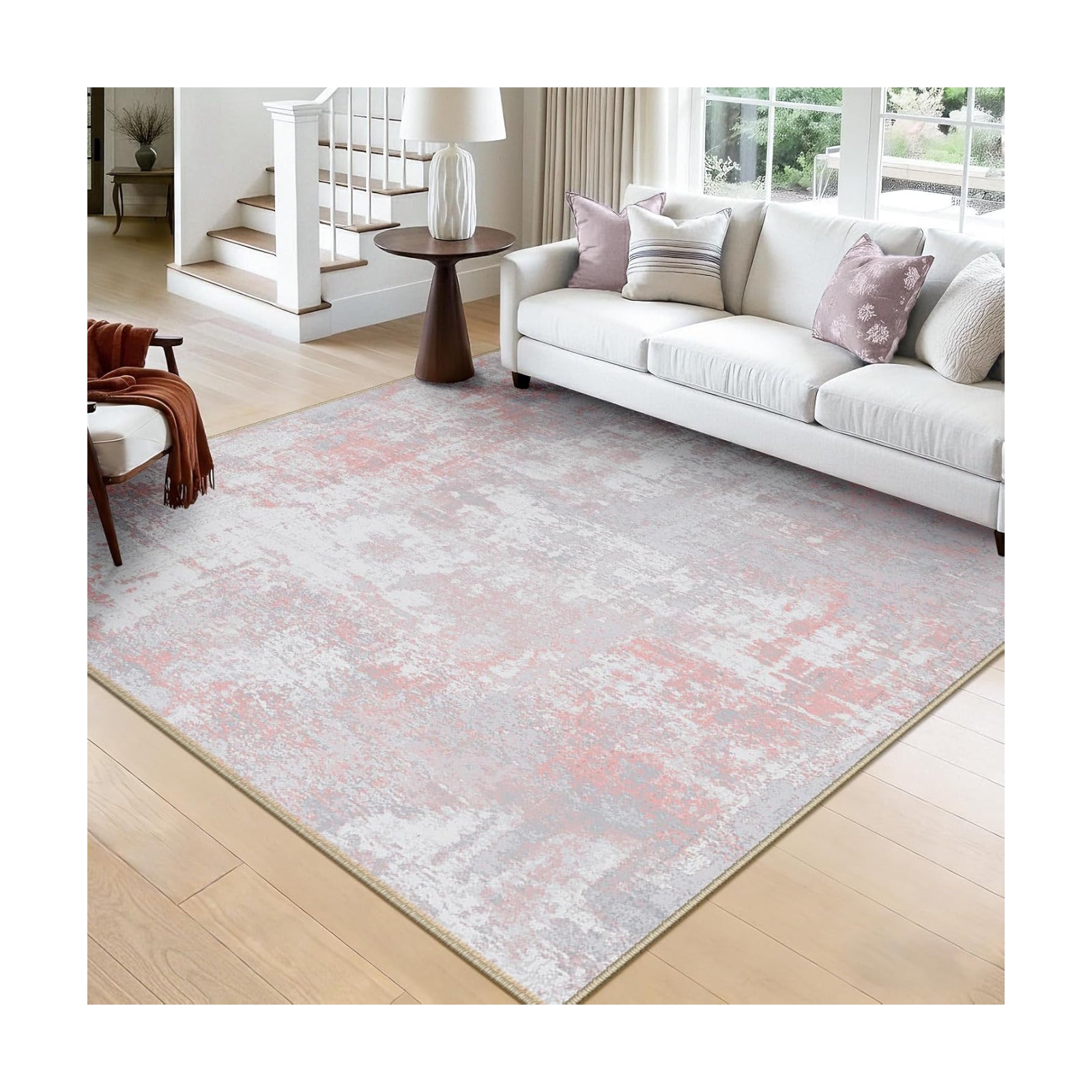 RELEANY Washable Square 8'x8' Area Rug for Living Room Gray Pink