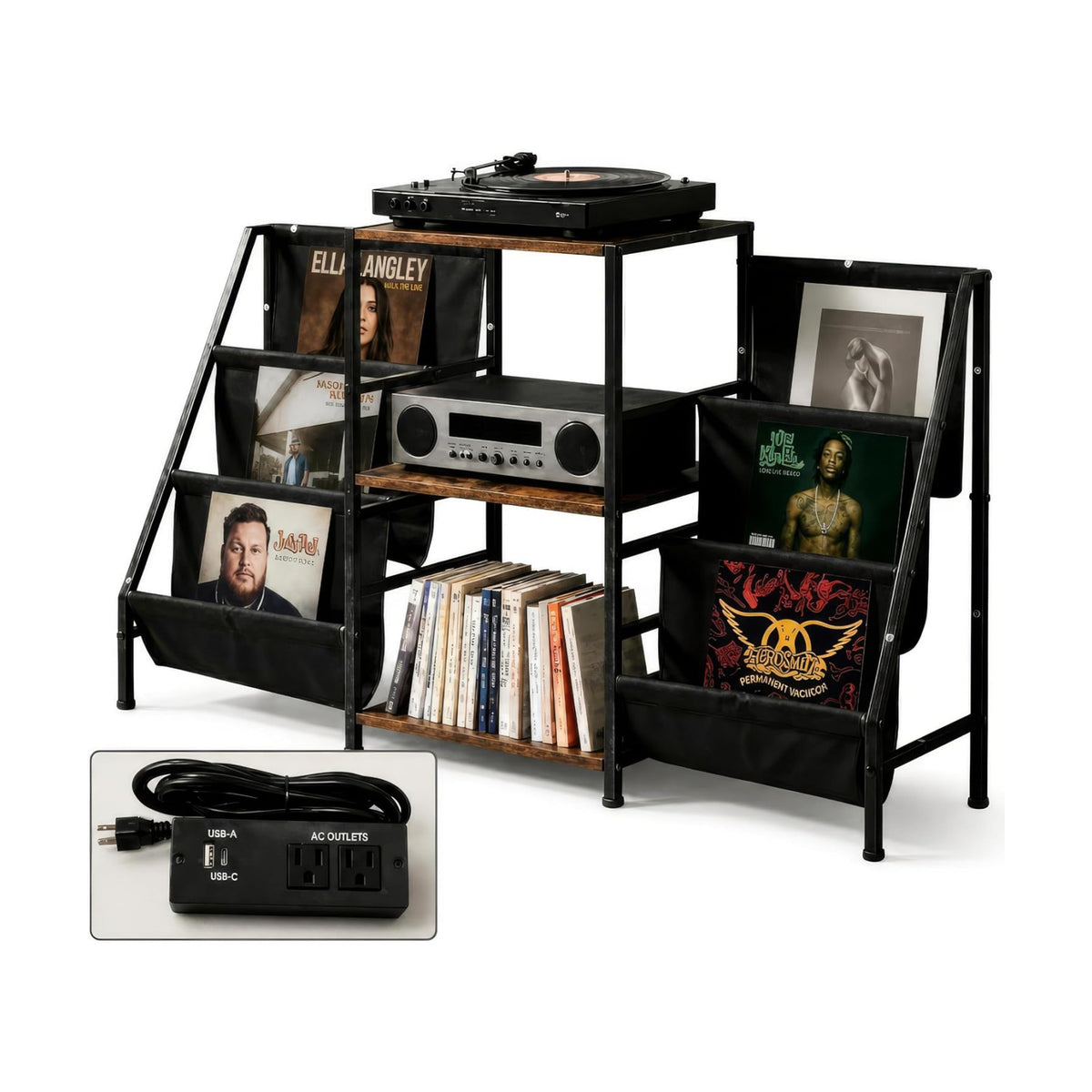 Record Player Stand with Storage, Vinyl Record Holder with Power Outlet | Holds 280 Albums, Vinyl Record Storage