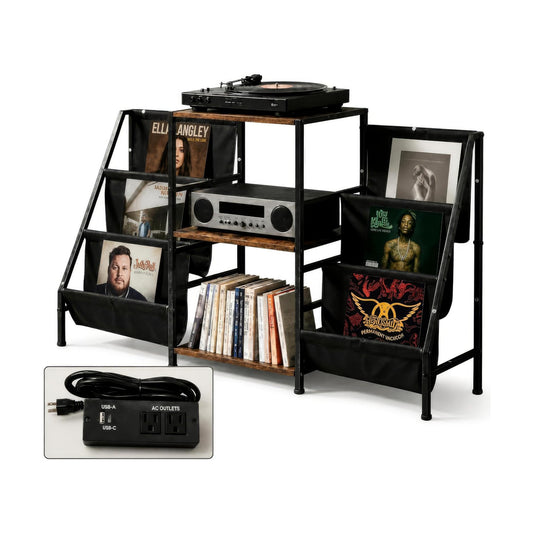Record Player Stand with Storage, Vinyl Record Holder with Power Outlet | Holds 280 Albums, Vinyl Record Storage