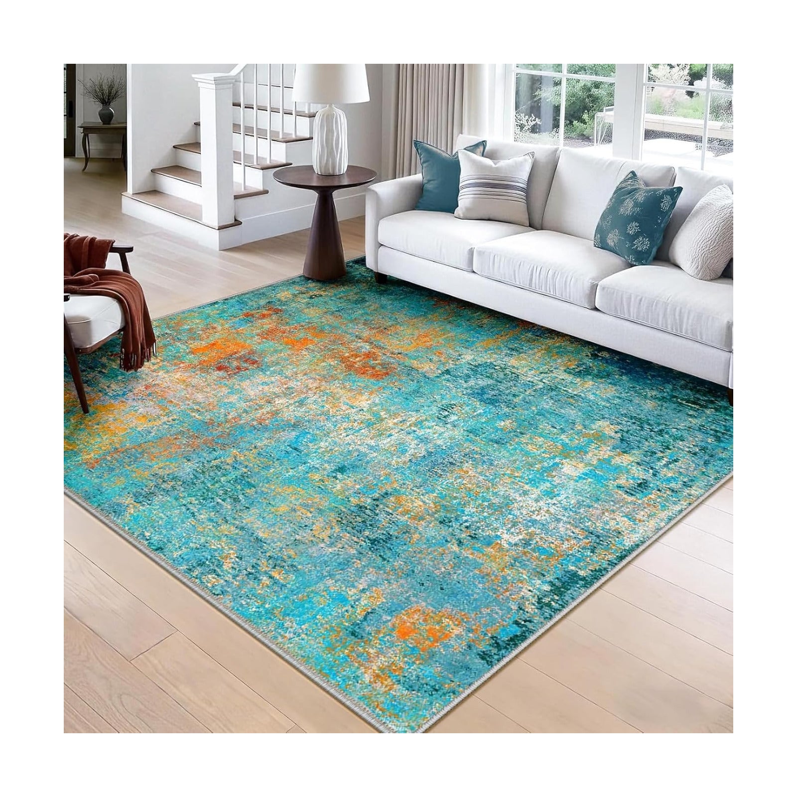 RELEANY Washable Square 8'x8' Area Rug for Living Room Teal Multi