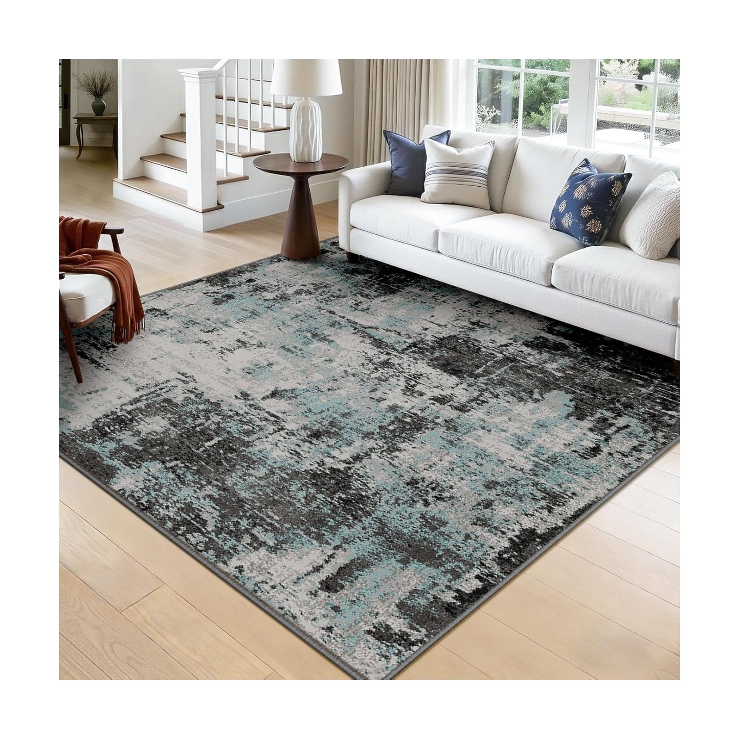 RELEANY Washable Square 8'x8' Area Rug for Living Room Teal Black