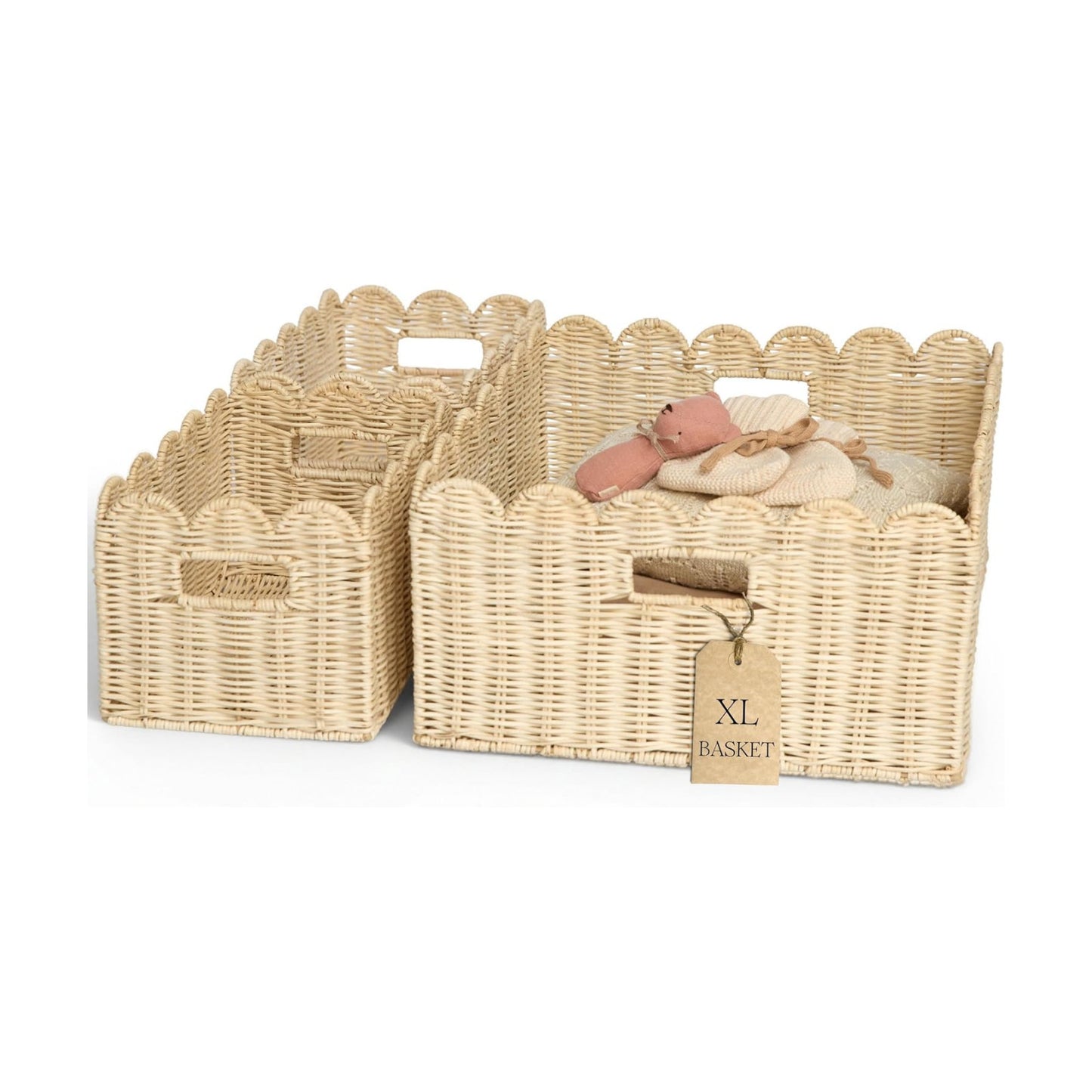 Wicker Baskets / Rattan Scalloped Basket / 17 x 13 x 7 / Set of 3