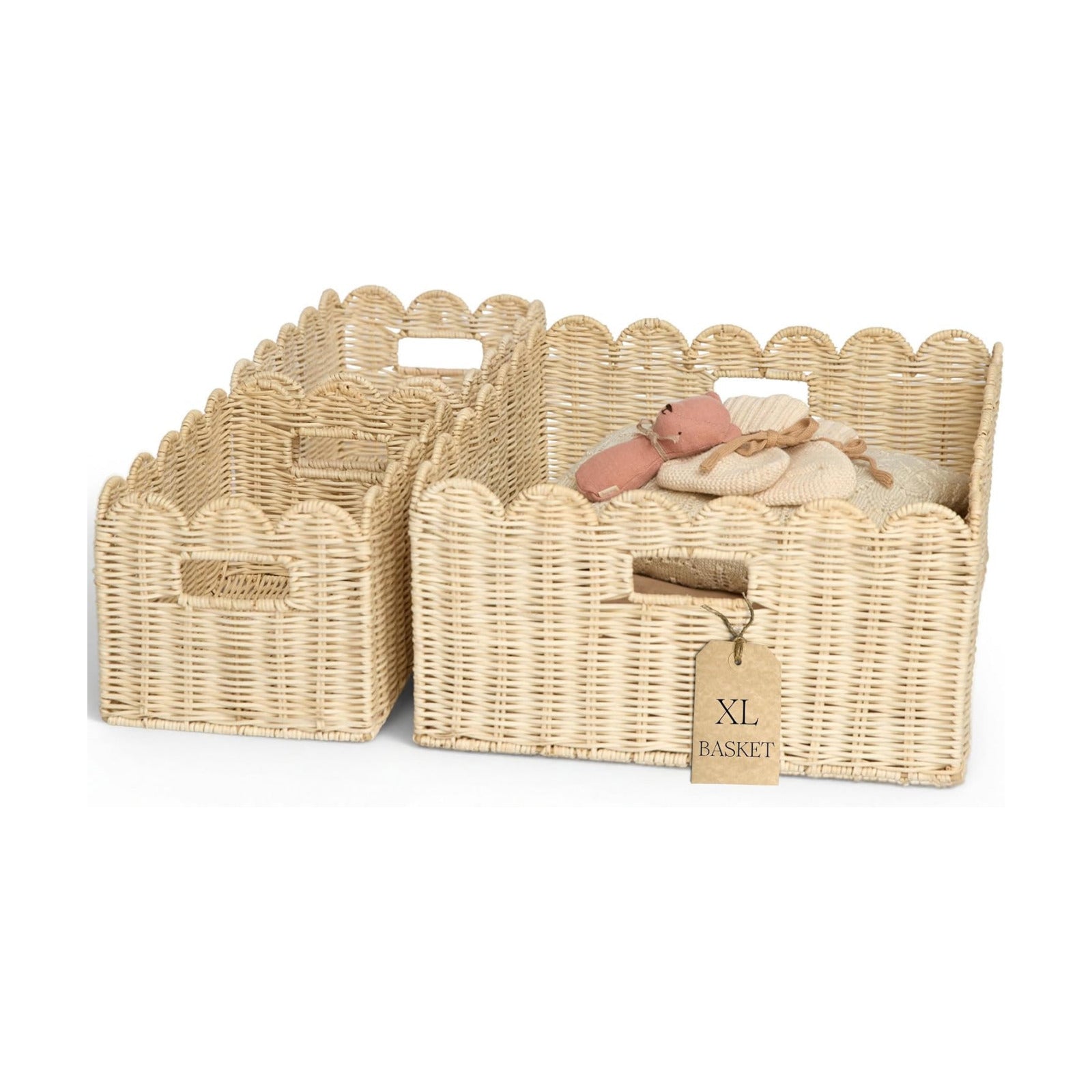 Wicker Baskets / Rattan Scalloped Basket / 17 x 13 x 7 / Set of 3