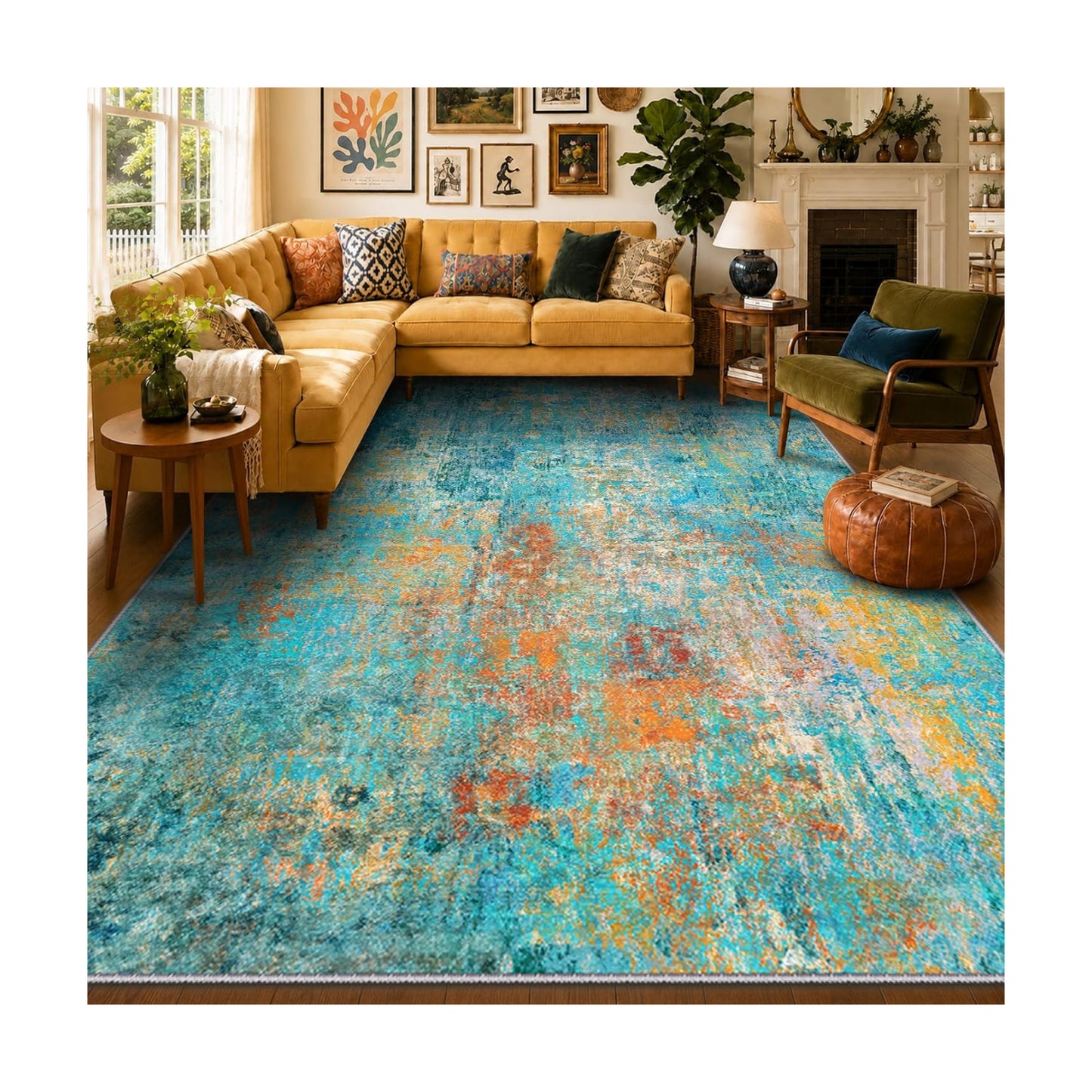 RELEANY Washable 10'x14' Abstract Area Rug for Living Room Teal Multi